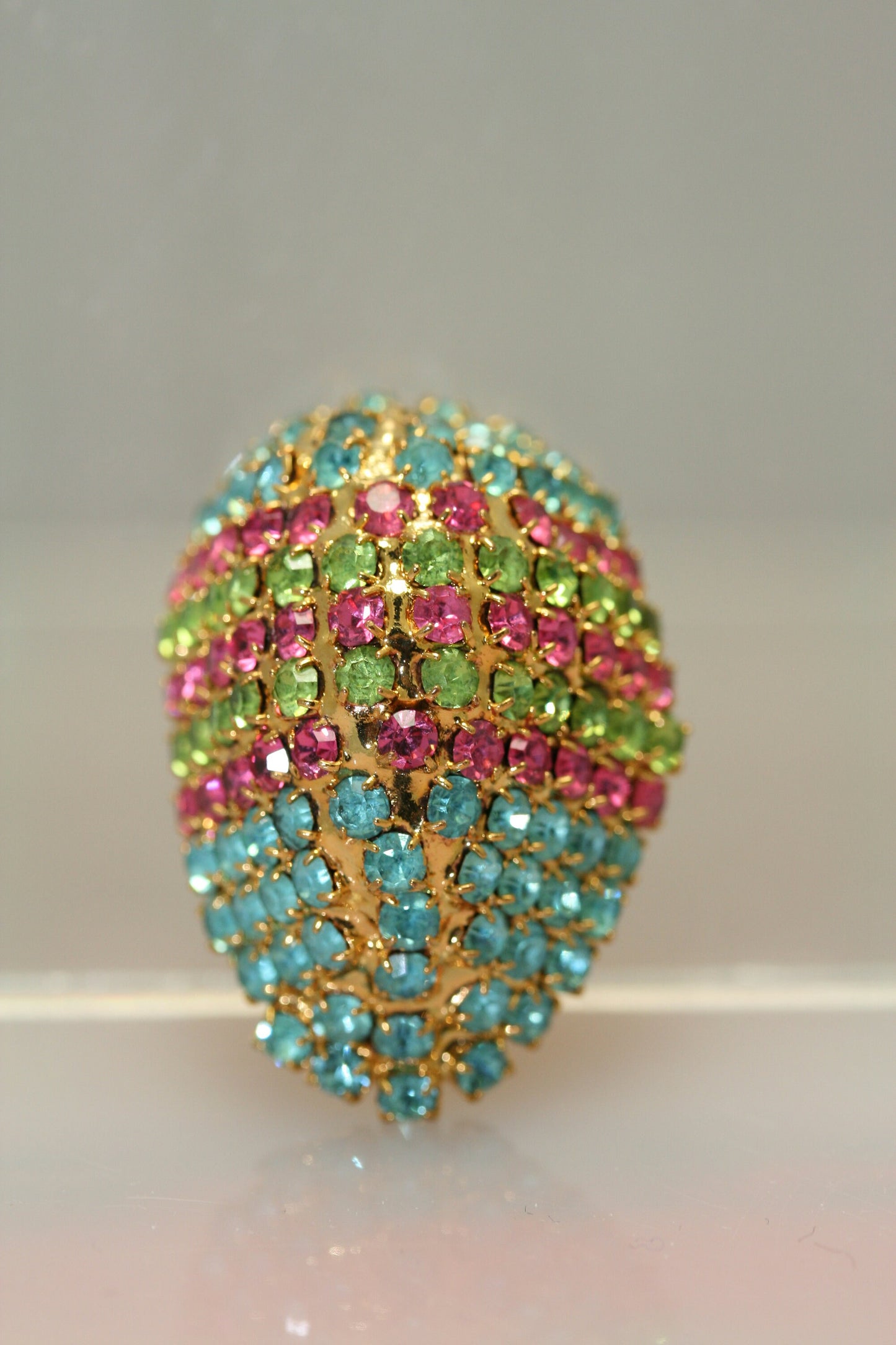 Vintage Rhinestone Crystal Easter Egg Pink Green Blue Faceted Stones Brooch Pin, Easter Pin Jewelry