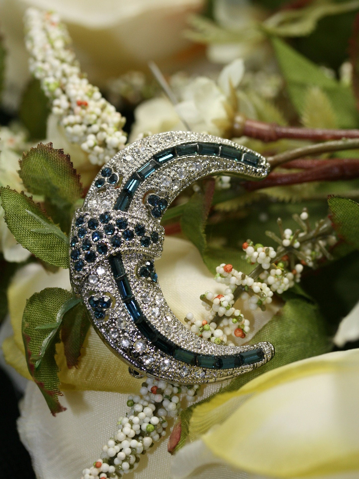 Blue Rhinestone Crescent Moon Brooch, Blue moon Pins, Old Fashion Moon Pin, Crystal Moon Brooches