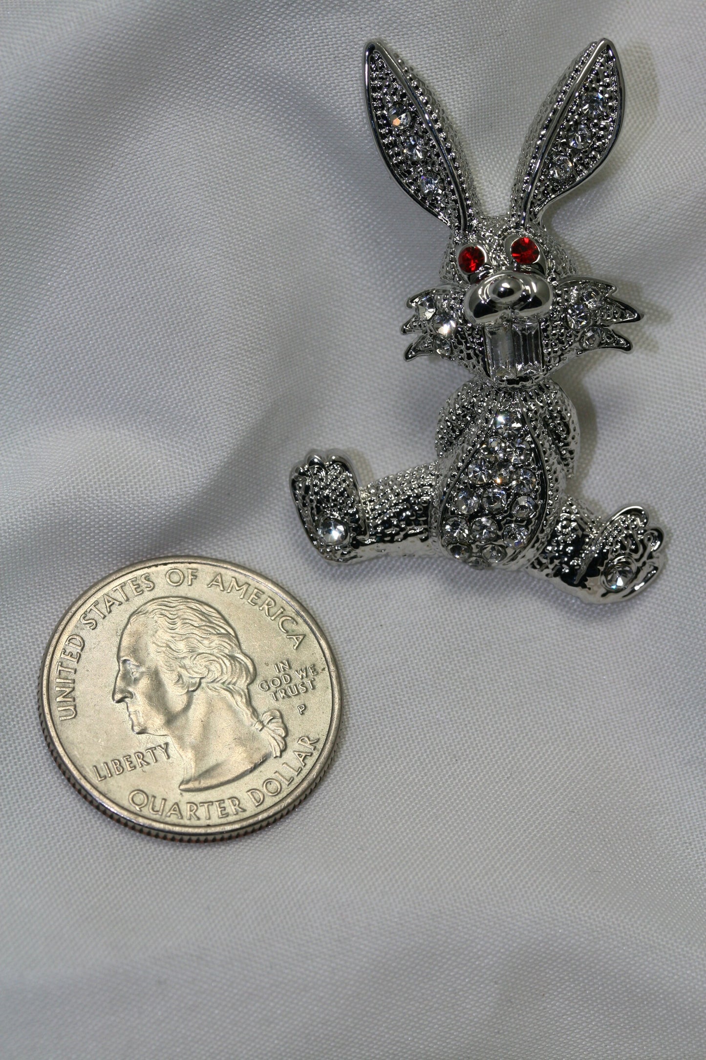 Easter Bunny Rabbit Silver Rhinestone Crystal Brooch Pin