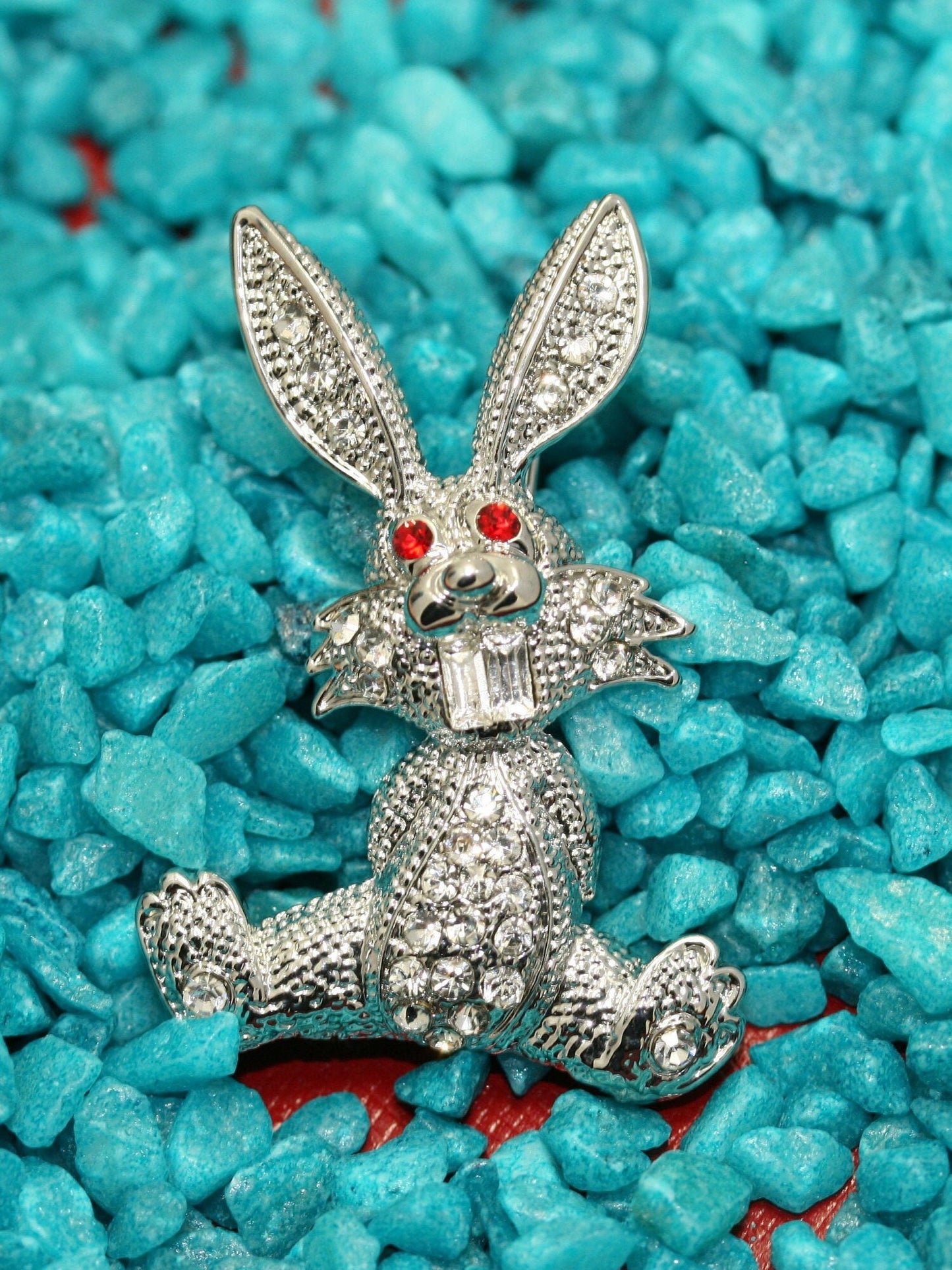 Easter Bunny Rabbit Silver Rhinestone Crystal Brooch Pin