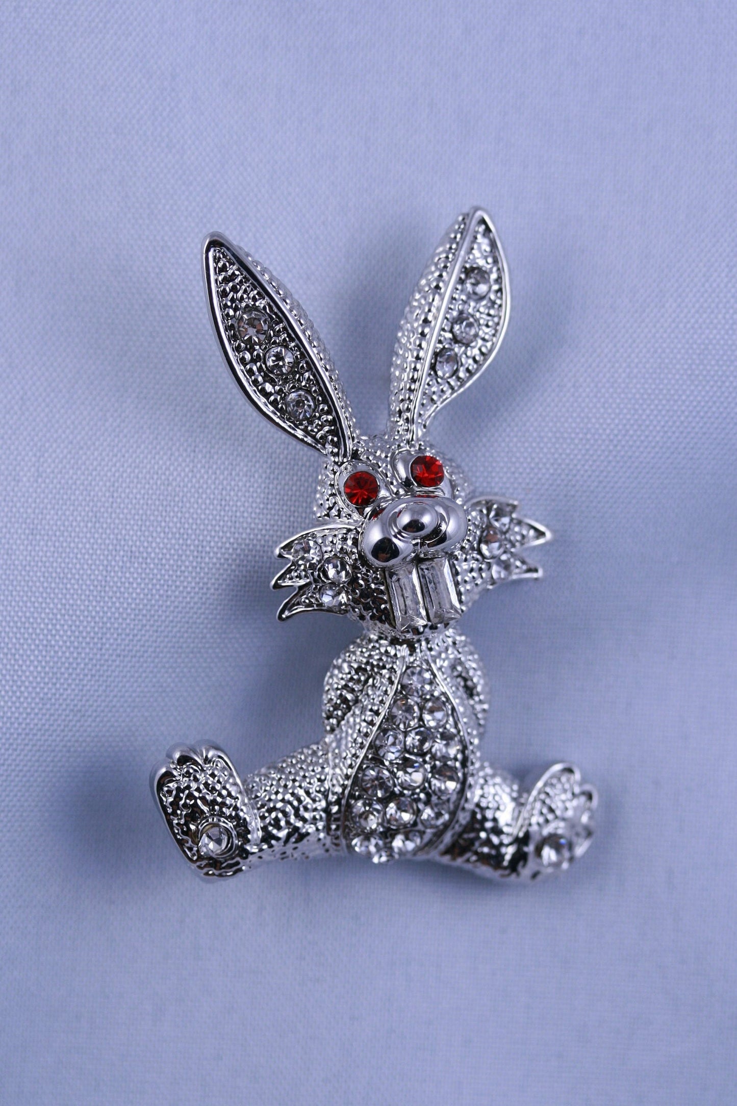 Easter Bunny Rabbit Silver Rhinestone Crystal Brooch Pin