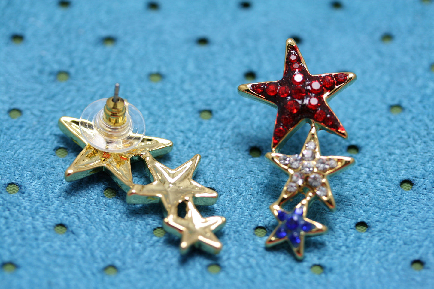 Rhinestone USA Patriotic Star Brooch and Red White Blue Shooting Star Post Earring, US Patriotic Jewelry Set Gift