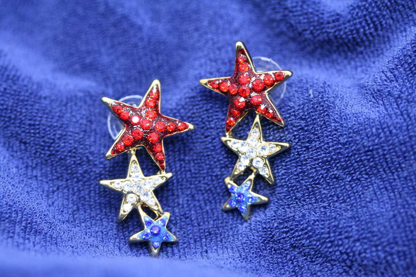 Rhinestone USA Patriotic Star Brooch and Red White Blue Shooting Star Post Earring, US Patriotic Jewelry Set Gift