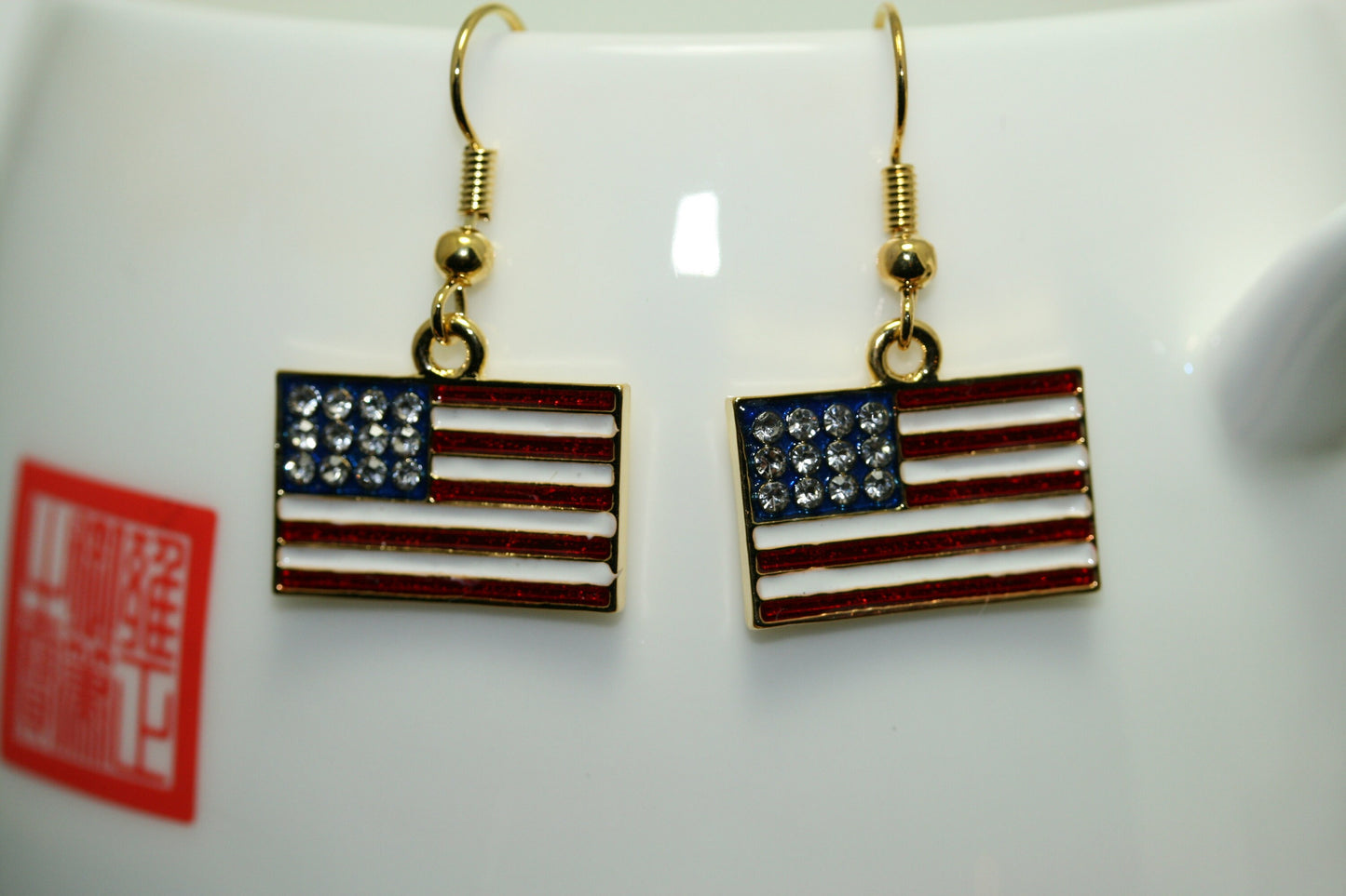 Gold-Plated Rhinestone USA Patriotic Flag Earrings, 4th of July Red White Blue Flag Dangle Earring
