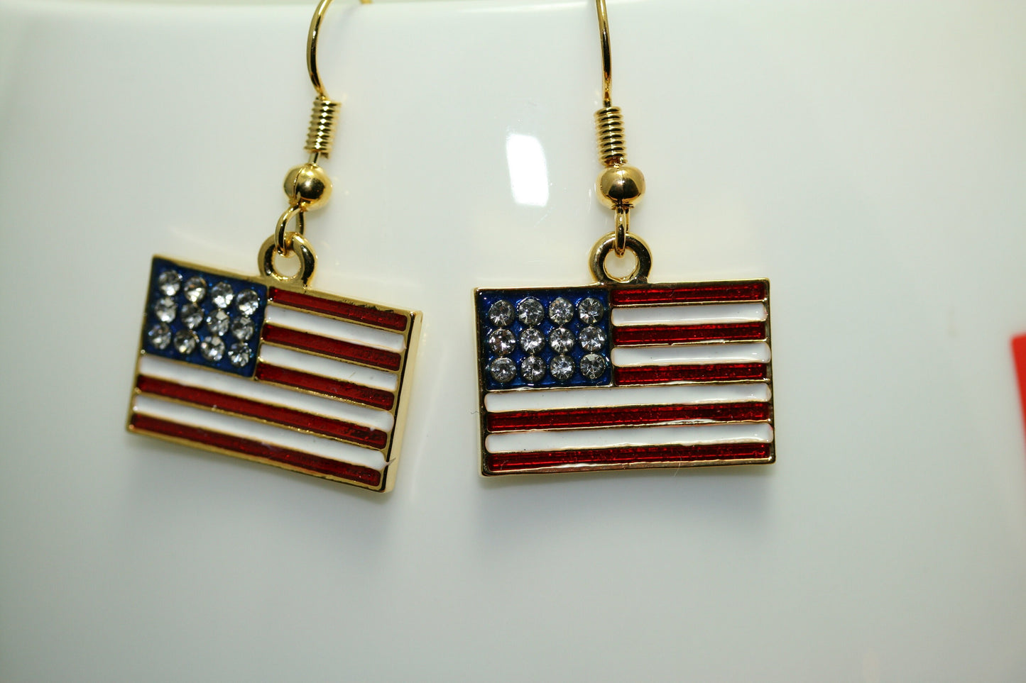 Gold-Plated Rhinestone USA Patriotic Flag Earrings, 4th of July Red White Blue Flag Dangle Earring