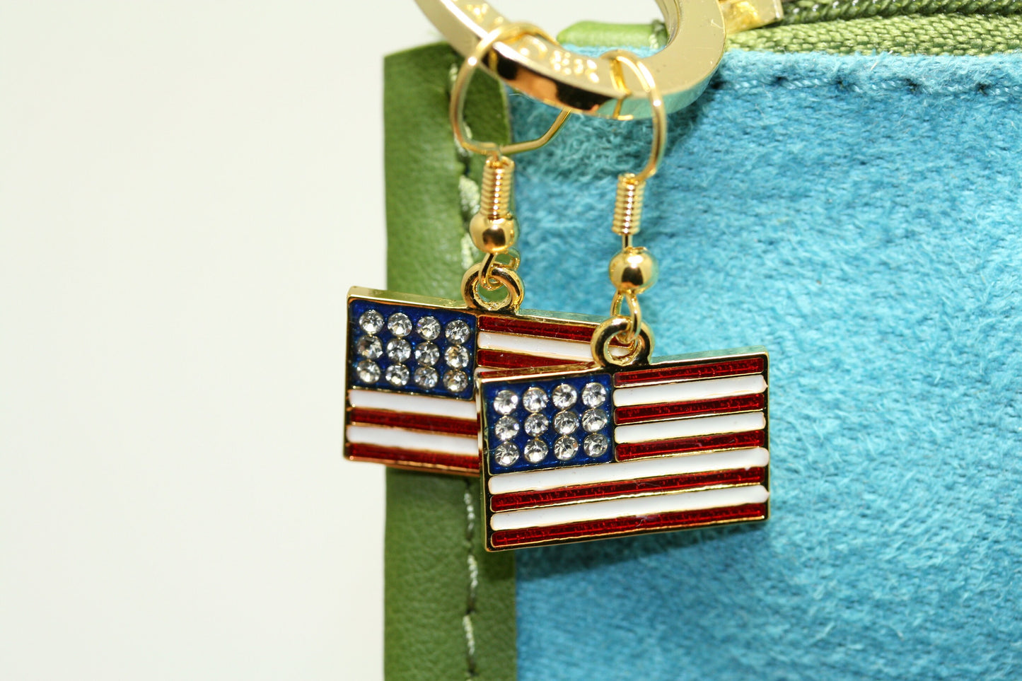Gold-Plated Rhinestone USA Patriotic Flag Earrings, 4th of July Red White Blue Flag Dangle Earring