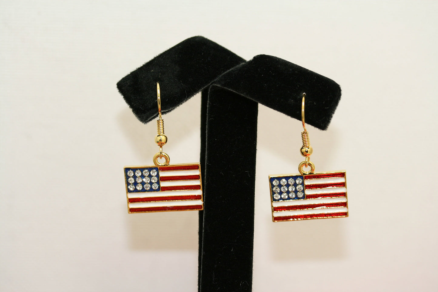 Gold-Plated Rhinestone USA Patriotic Flag Earrings, 4th of July Red White Blue Flag Dangle Earring