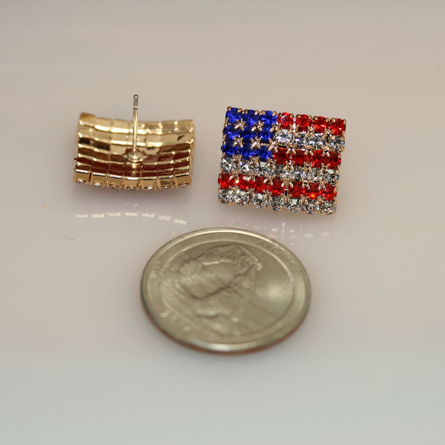 Rhinestone American USA Flag 4th July Stud Earrings, Gold-Plated Patriotic Red White Blue Flag Earring, Patriotic Independence Jewelry