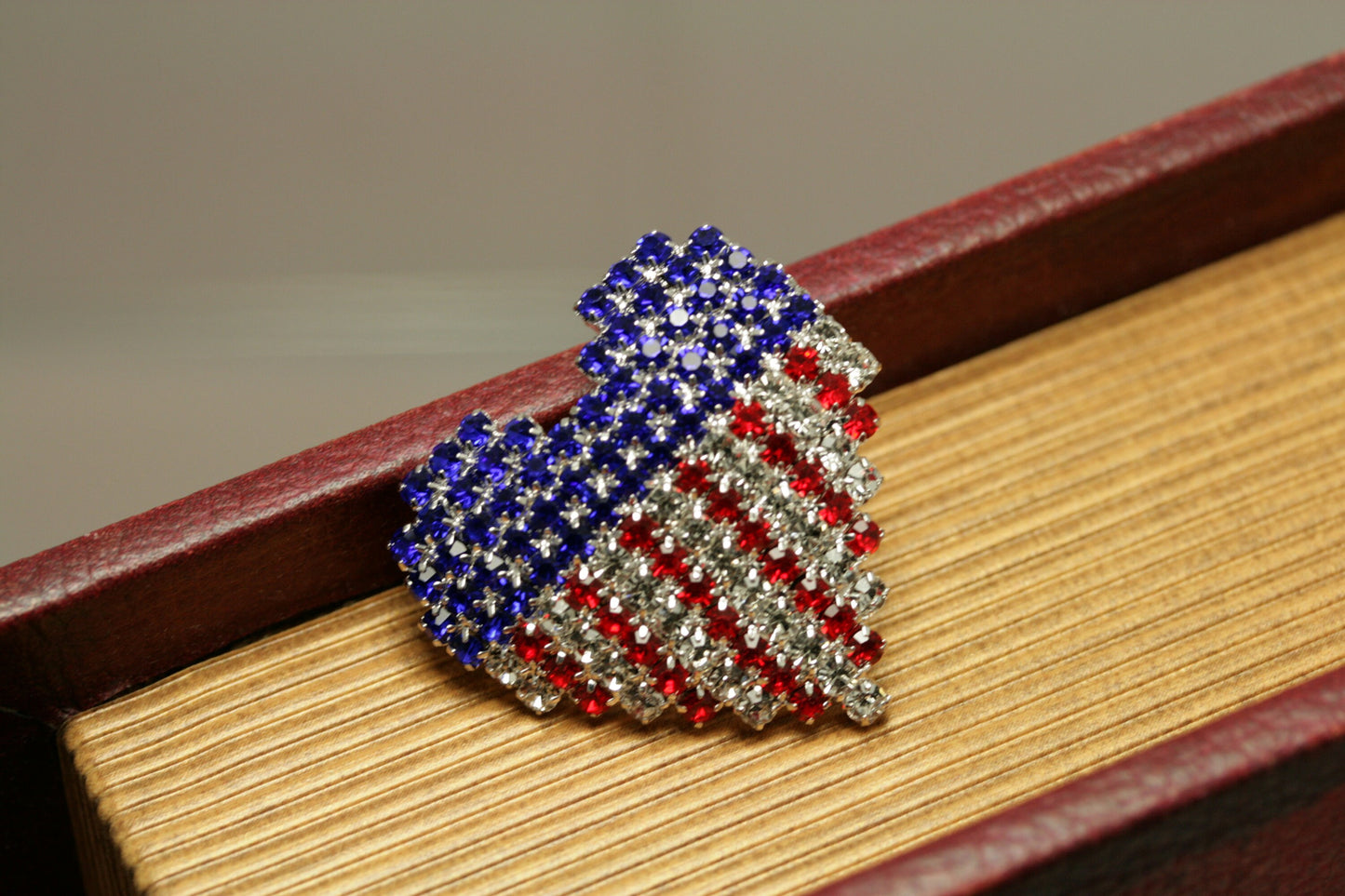 Rhinestone USA Patriotic 4th July Red White Blue Heart Pin Brooch