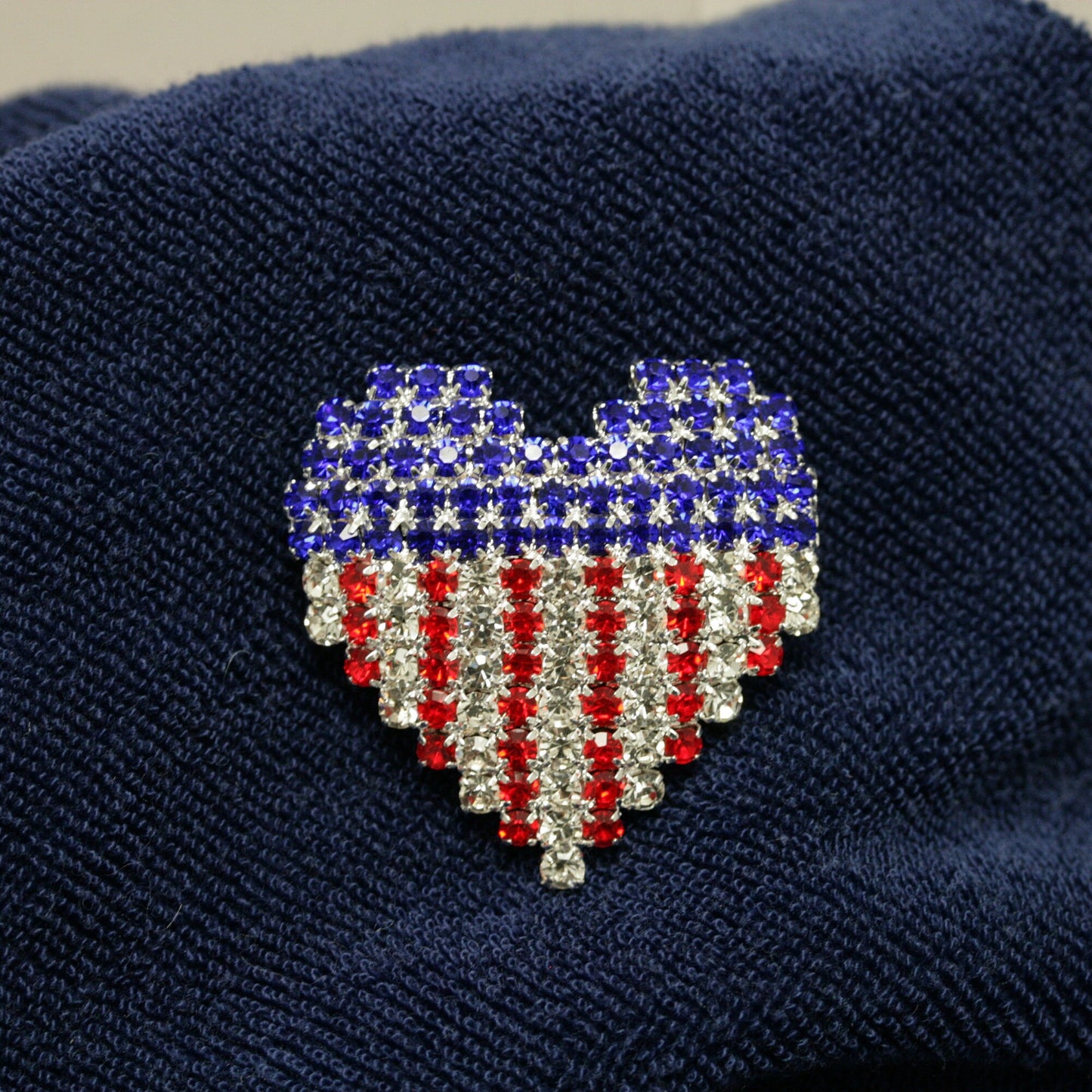 Rhinestone USA Patriotic 4th July Red White Blue Heart Pin Brooch
