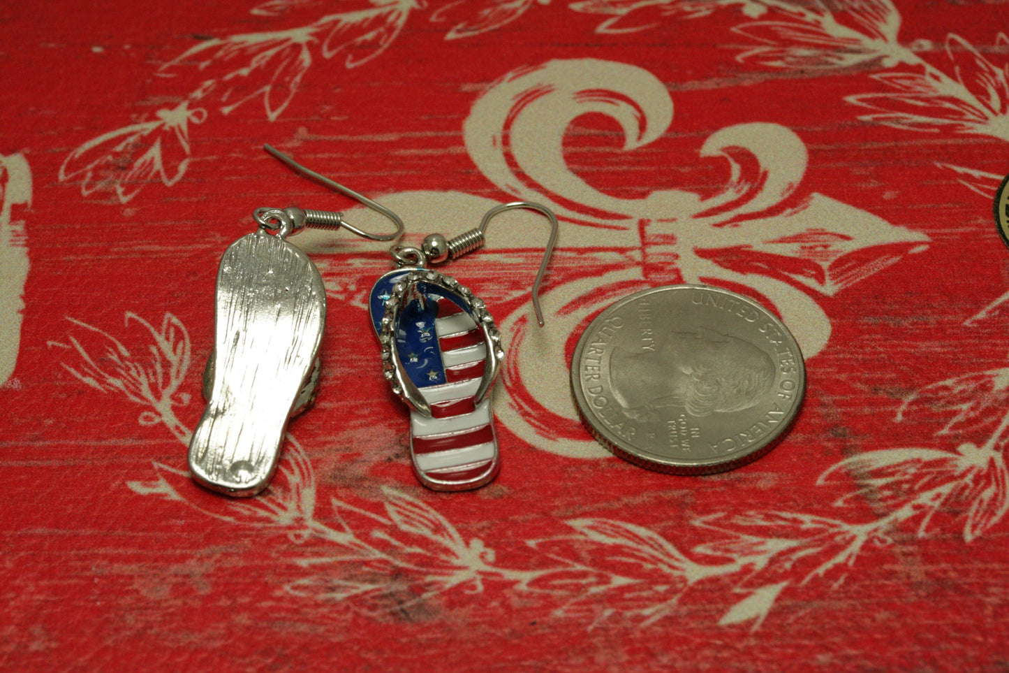 American Flag Rhinestone 4th July Flip Flops Drop Earrings, Patriotic Jewelry, Red White Blue Flip Flops Earrings