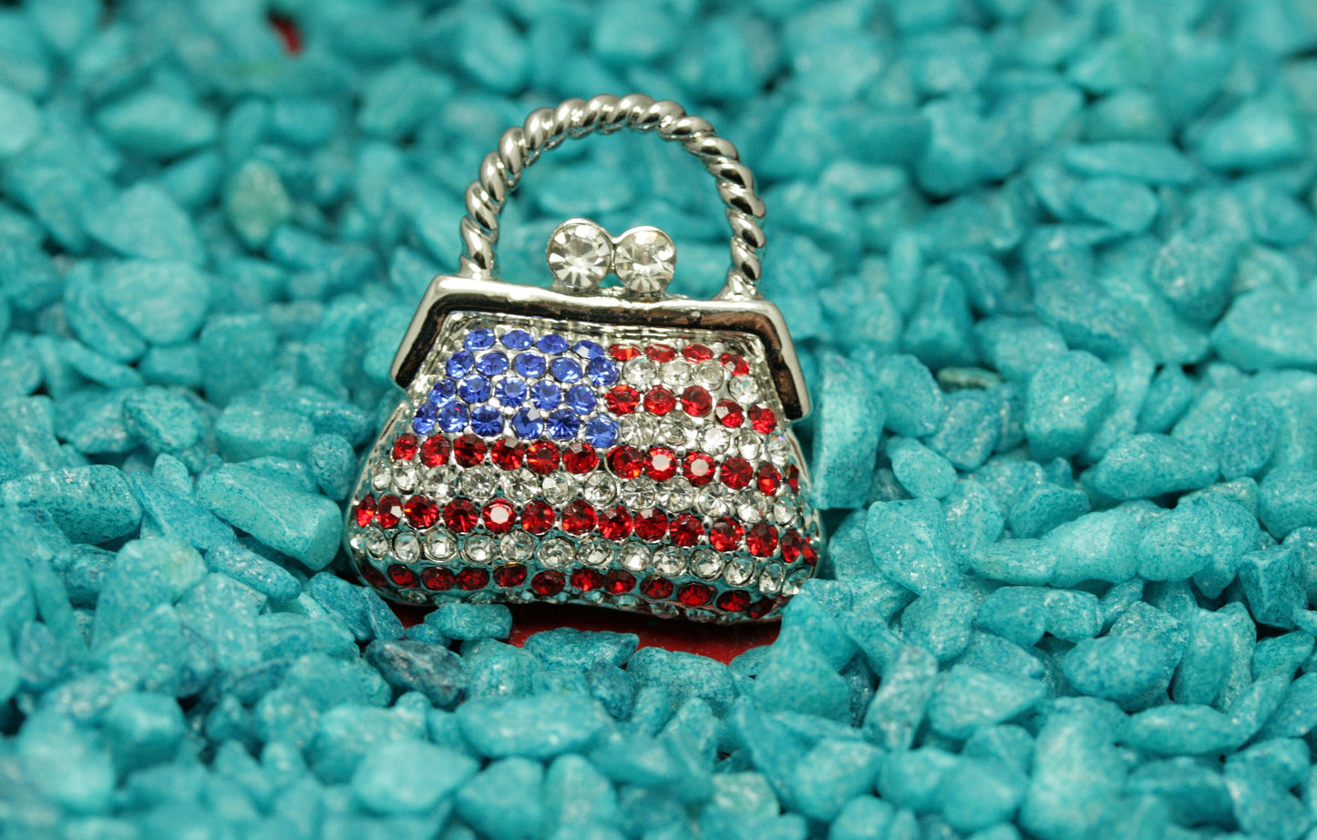 Rhinestone Fashion 4th July USA Flag Purse Handbag Pin Brooch, Patriotic Red White Blue Jewelry Gift
