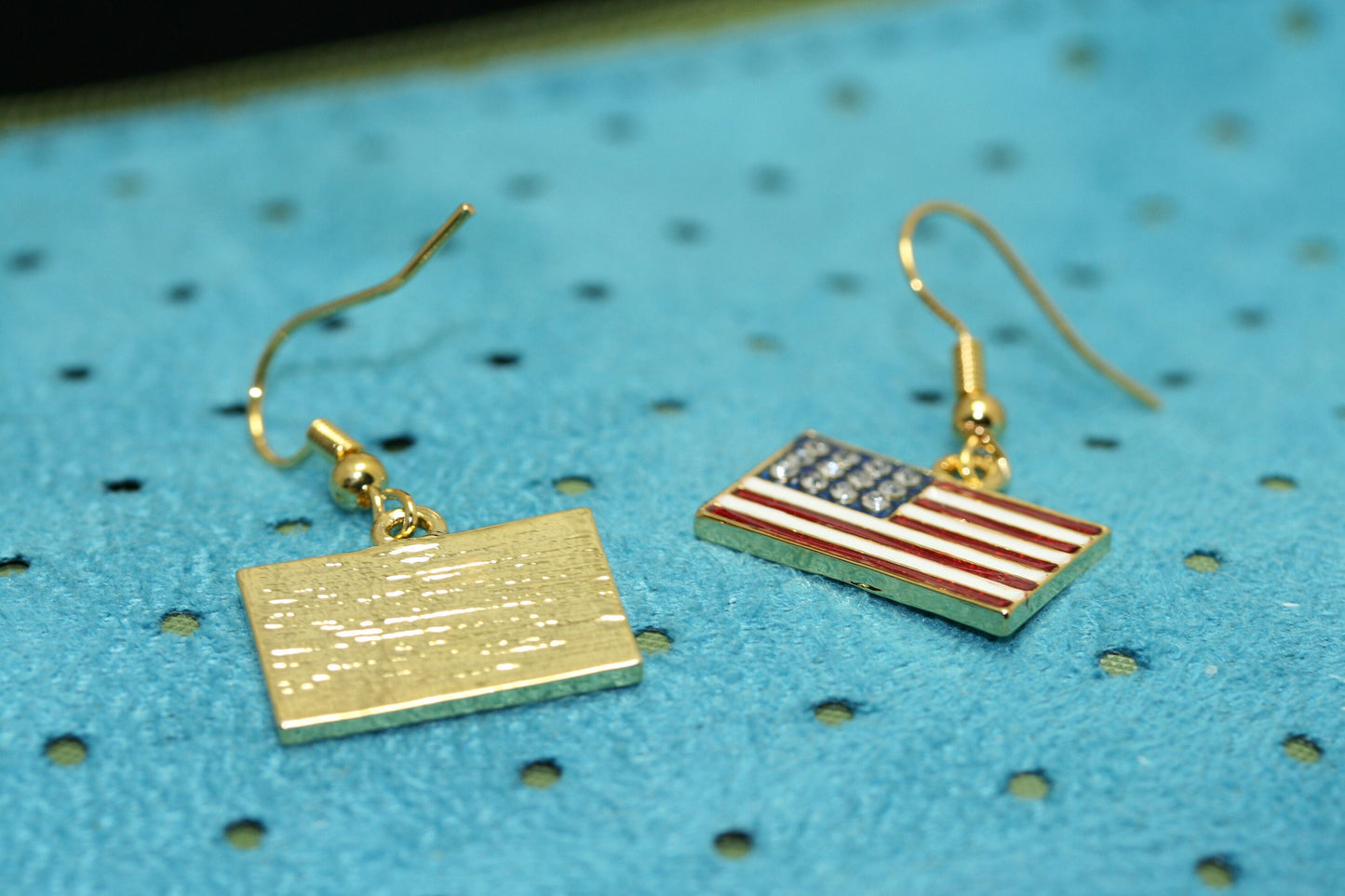 Gold-Plated Rhinestone USA Patriotic Flag Earrings, 4th of July Red White Blue Flag Dangle Earring