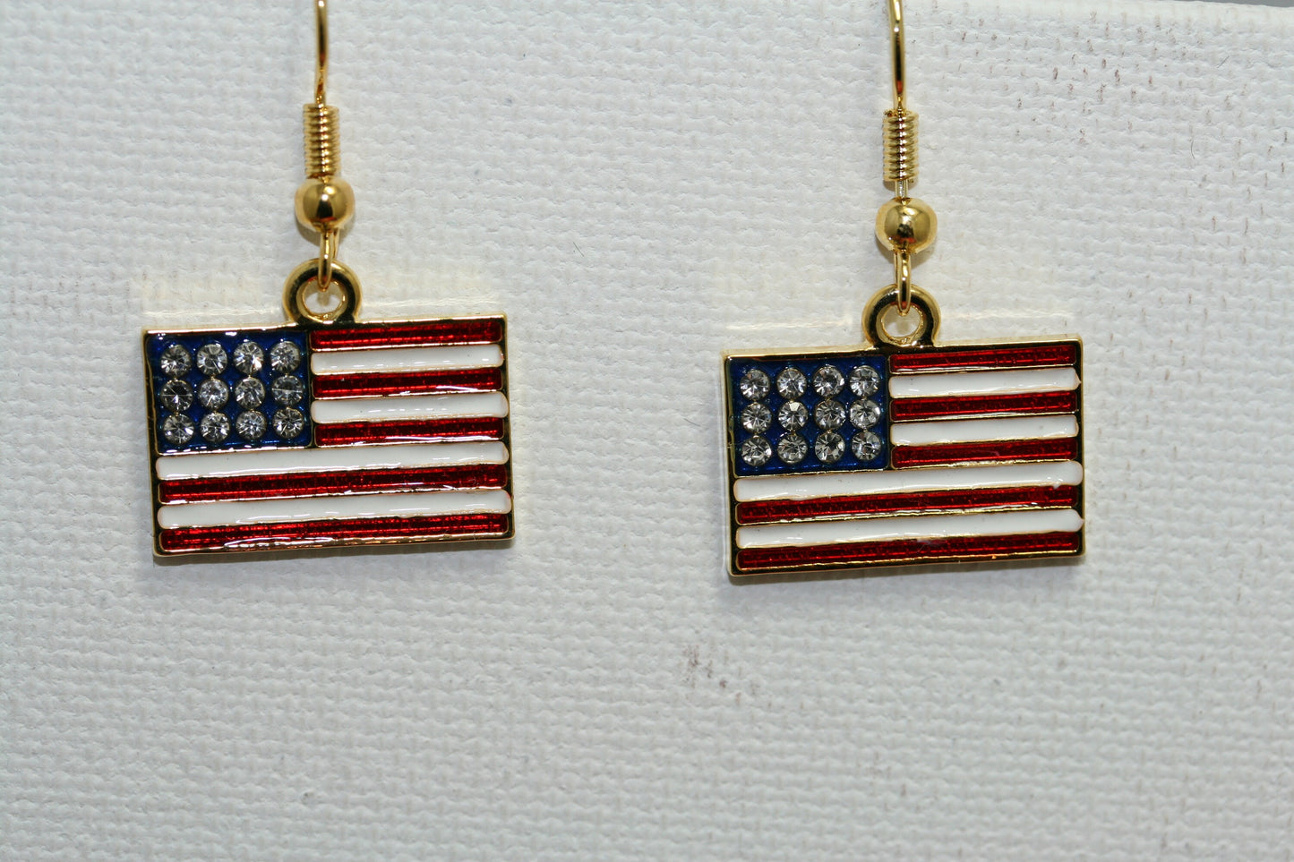 Gold-Plated Rhinestone USA Patriotic Flag Earrings, 4th of July Red White Blue Flag Dangle Earring