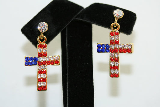 American Flag Rhinestone Pierced Earrings, Red, Blue, White Patriotic USA Cross Stud Dangle Earrings, Patriotic 4th of July Jewelry