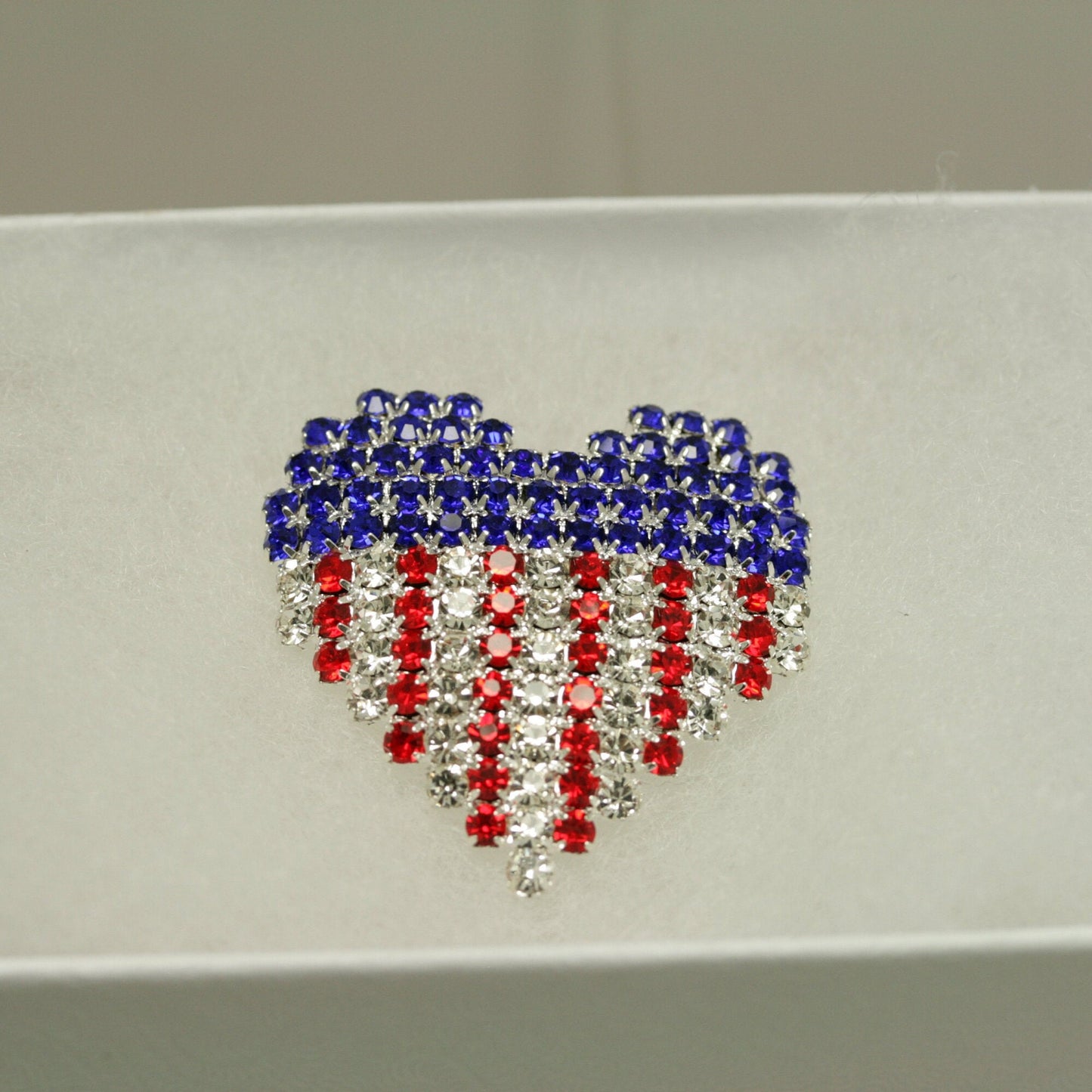 Rhinestone USA Patriotic 4th July Red White Blue Heart Pin Brooch