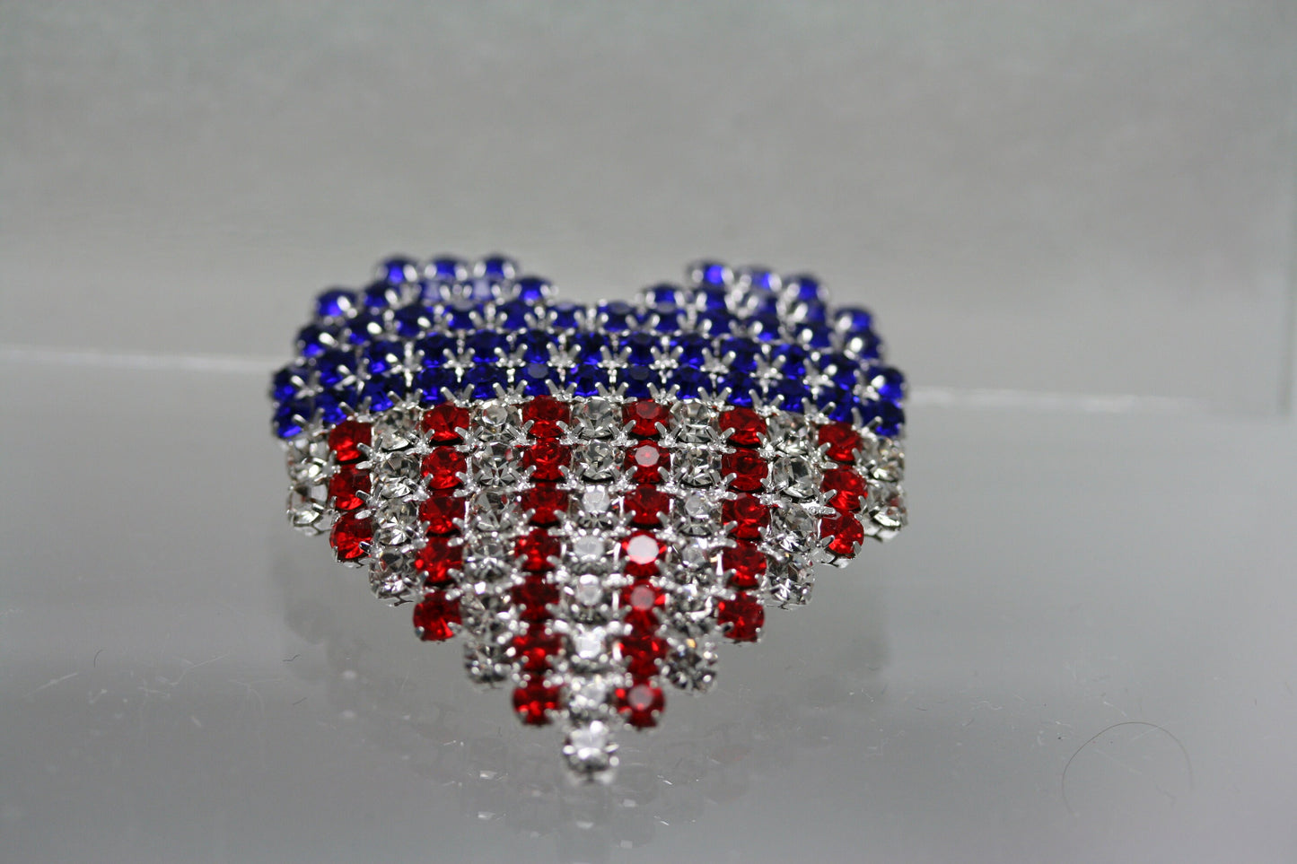 Rhinestone USA Patriotic 4th July Red White Blue Heart Pin Brooch