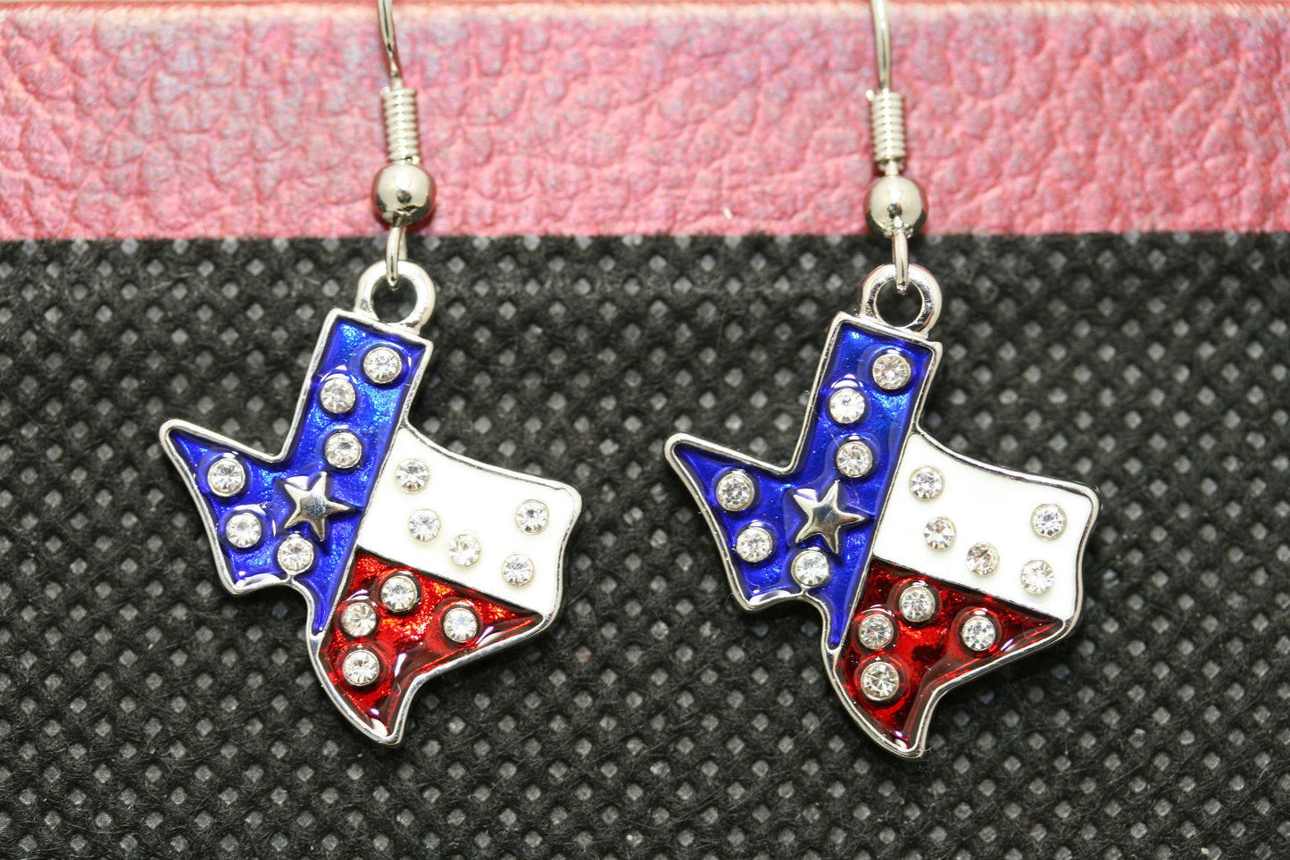 Rhinestone Patriotic Texan Texas Shape Flag Earrings, 4th of July Fashion Jewelry, Texan Jewelry,