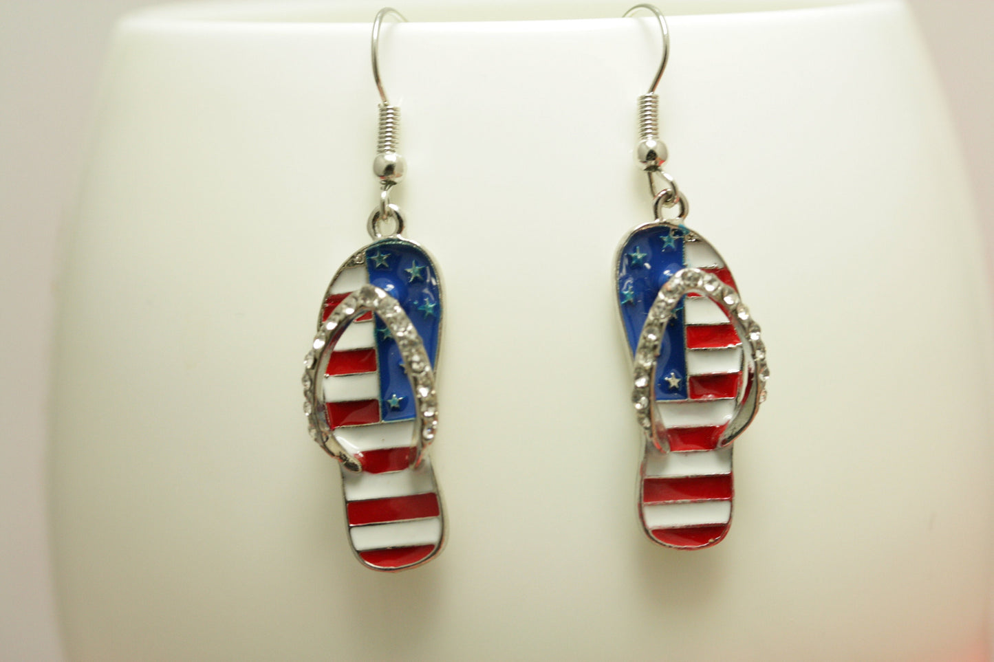 American Flag Rhinestone 4th July Flip Flops Drop Earrings, Patriotic Jewelry, Red White Blue Flip Flops Earrings