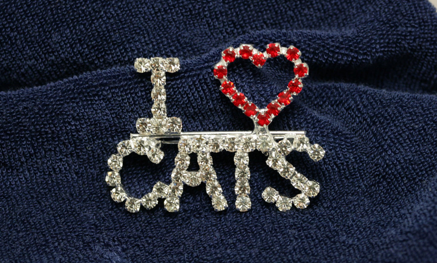 Rhinestone Word "I Love Heart Cats" Kittens Pin brooch, I love Cats Pin