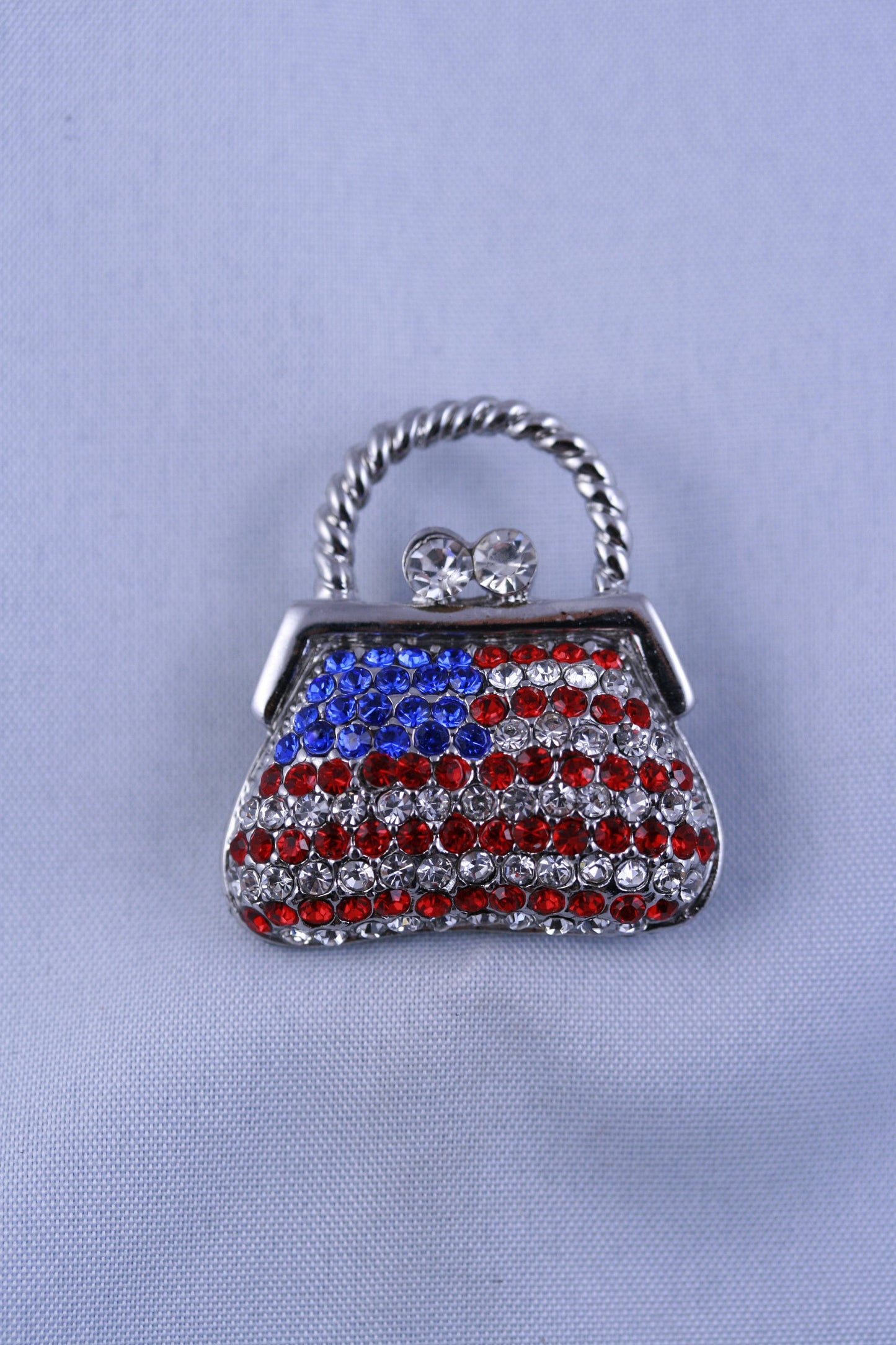 Rhinestone Fashion 4th July USA Flag Purse Handbag Pin Brooch, Patriotic Red White Blue Jewelry Gift