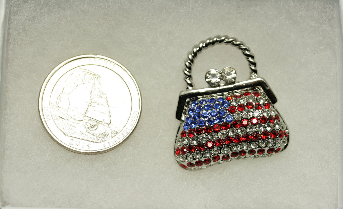 Rhinestone Fashion 4th July USA Flag Purse Handbag Pin Brooch, Patriotic Red White Blue Jewelry Gift