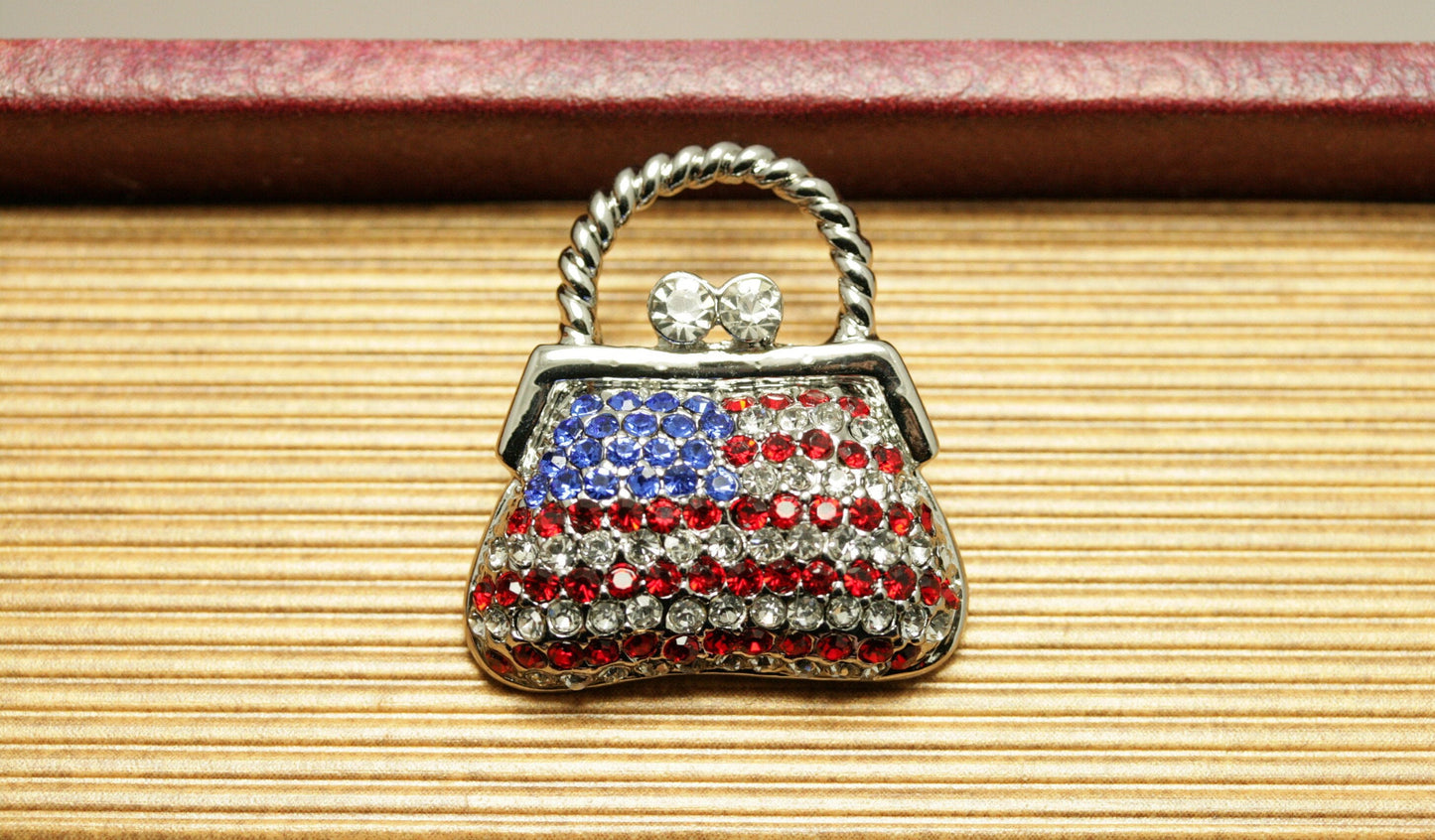 Rhinestone Fashion 4th July USA Flag Purse Handbag Pin Brooch, Patriotic Red White Blue Jewelry Gift