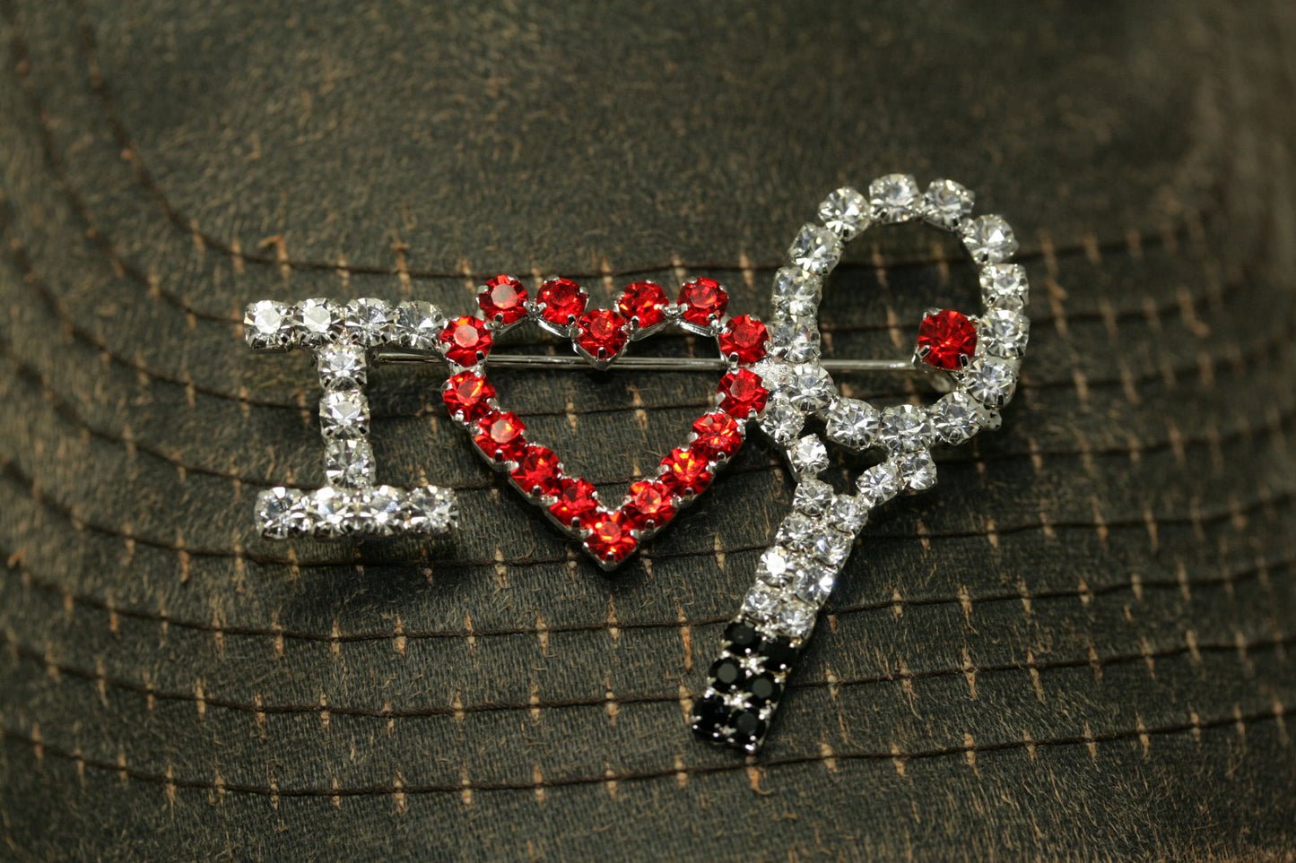 Silver Tone & Rhinestone I Love Tennis Racket Pin Brooch, Red Heart