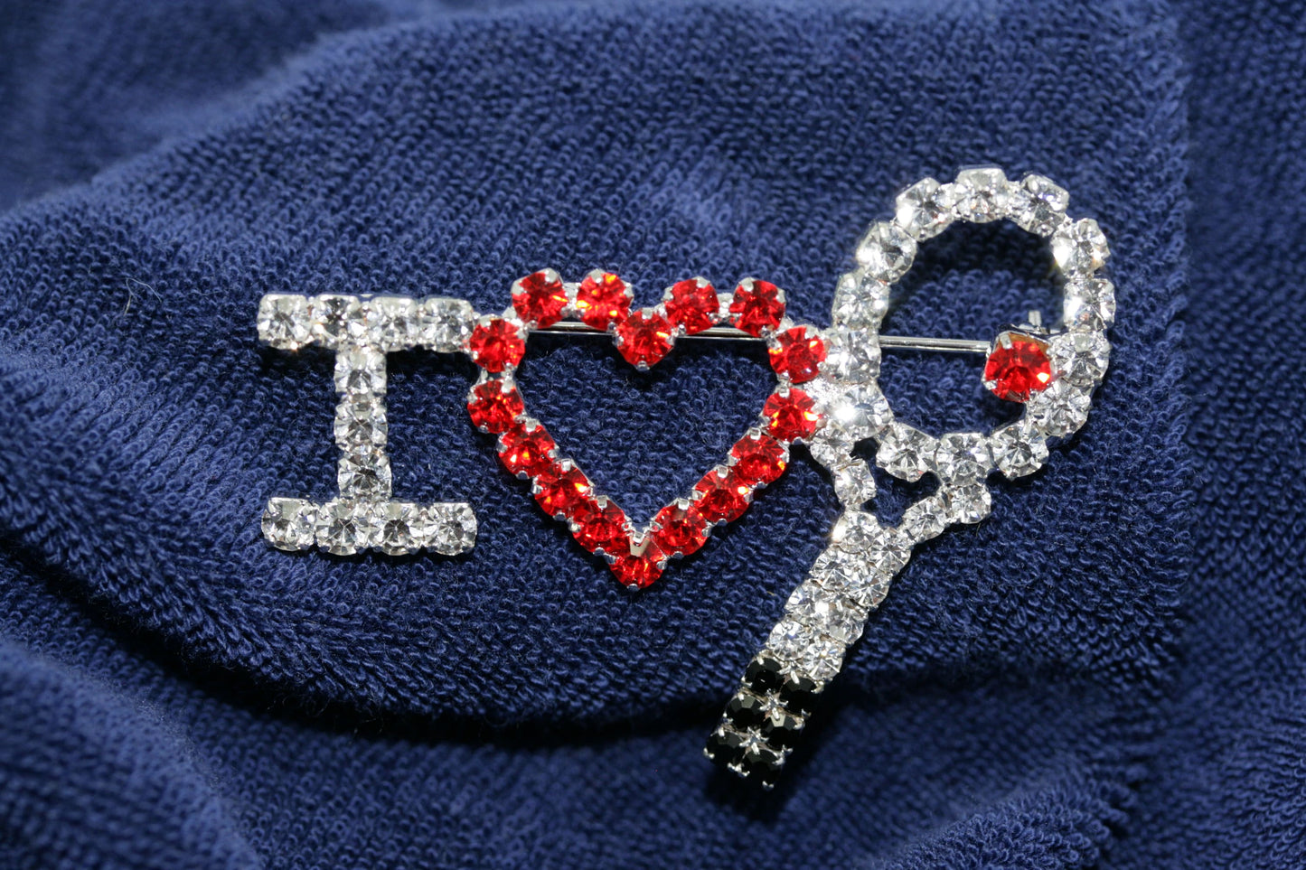Silver Tone & Rhinestone I Love Tennis Racket Pin Brooch, Red Heart