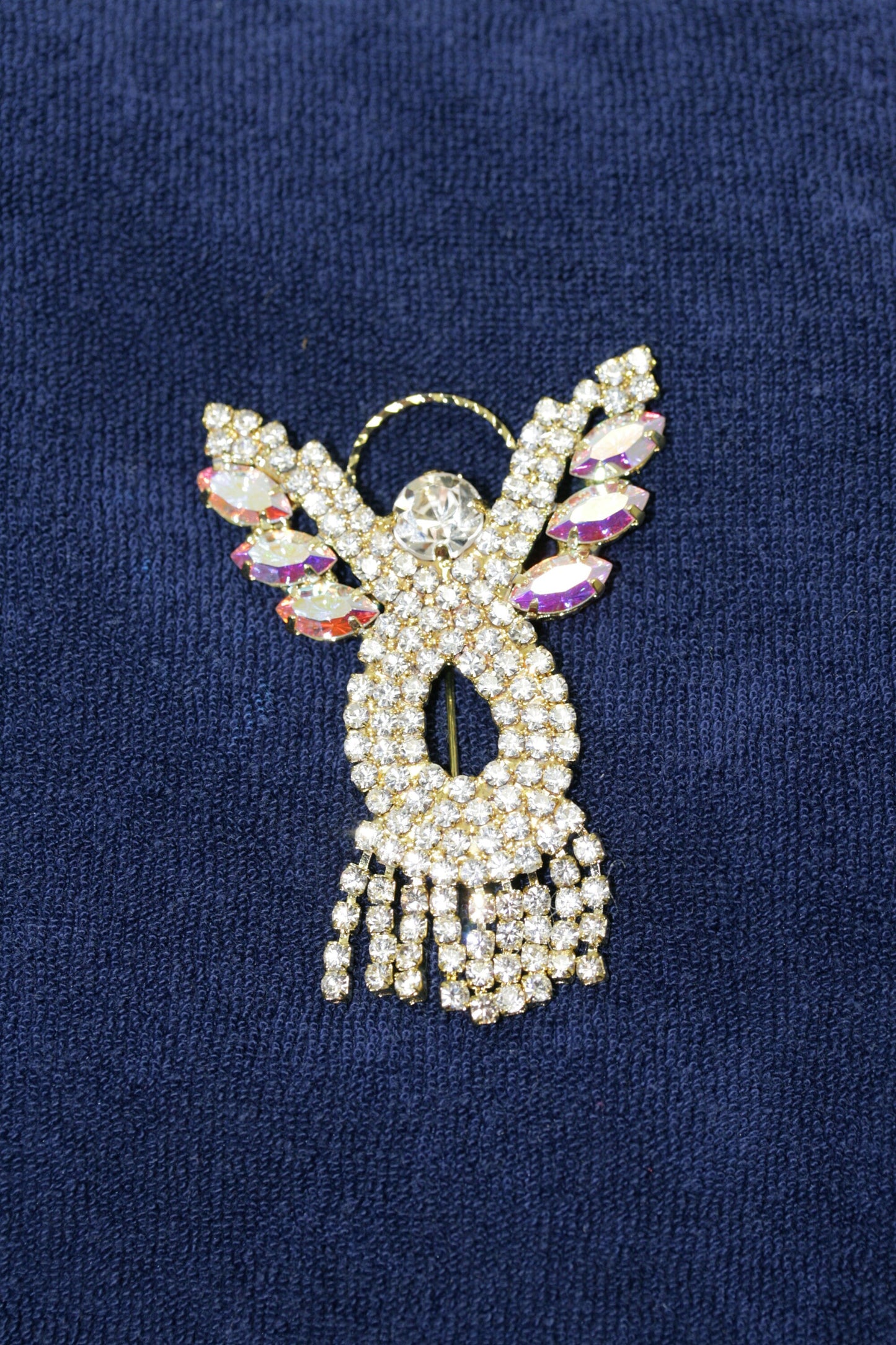 Handmade Vintage Rhinestone Angel Pin Brooch with Gold Halo Irridescent Wings & Dangling Rhinestone Dress