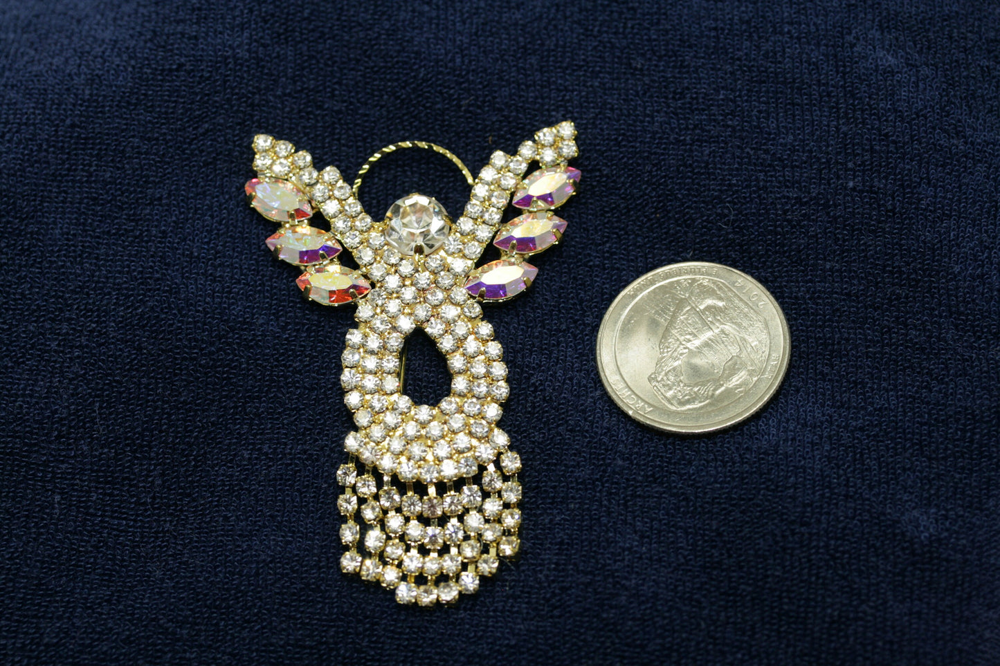 Handmade Vintage Rhinestone Angel Pin Brooch with Gold Halo Irridescent Wings & Dangling Rhinestone Dress