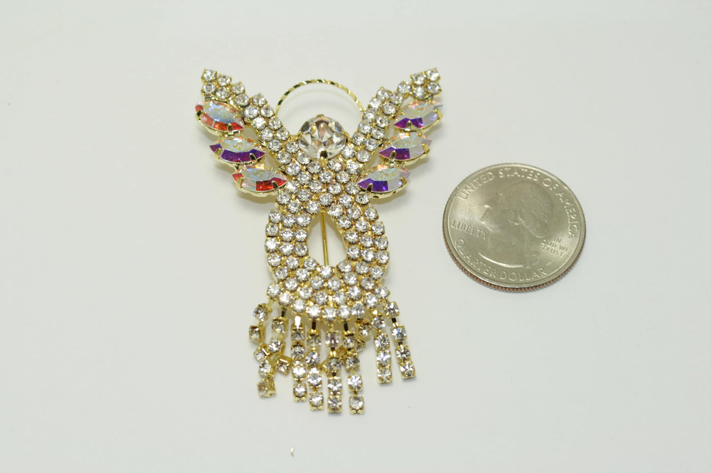 Handmade Vintage Rhinestone Angel Pin Brooch with Gold Halo Irridescent Wings & Dangling Rhinestone Dress