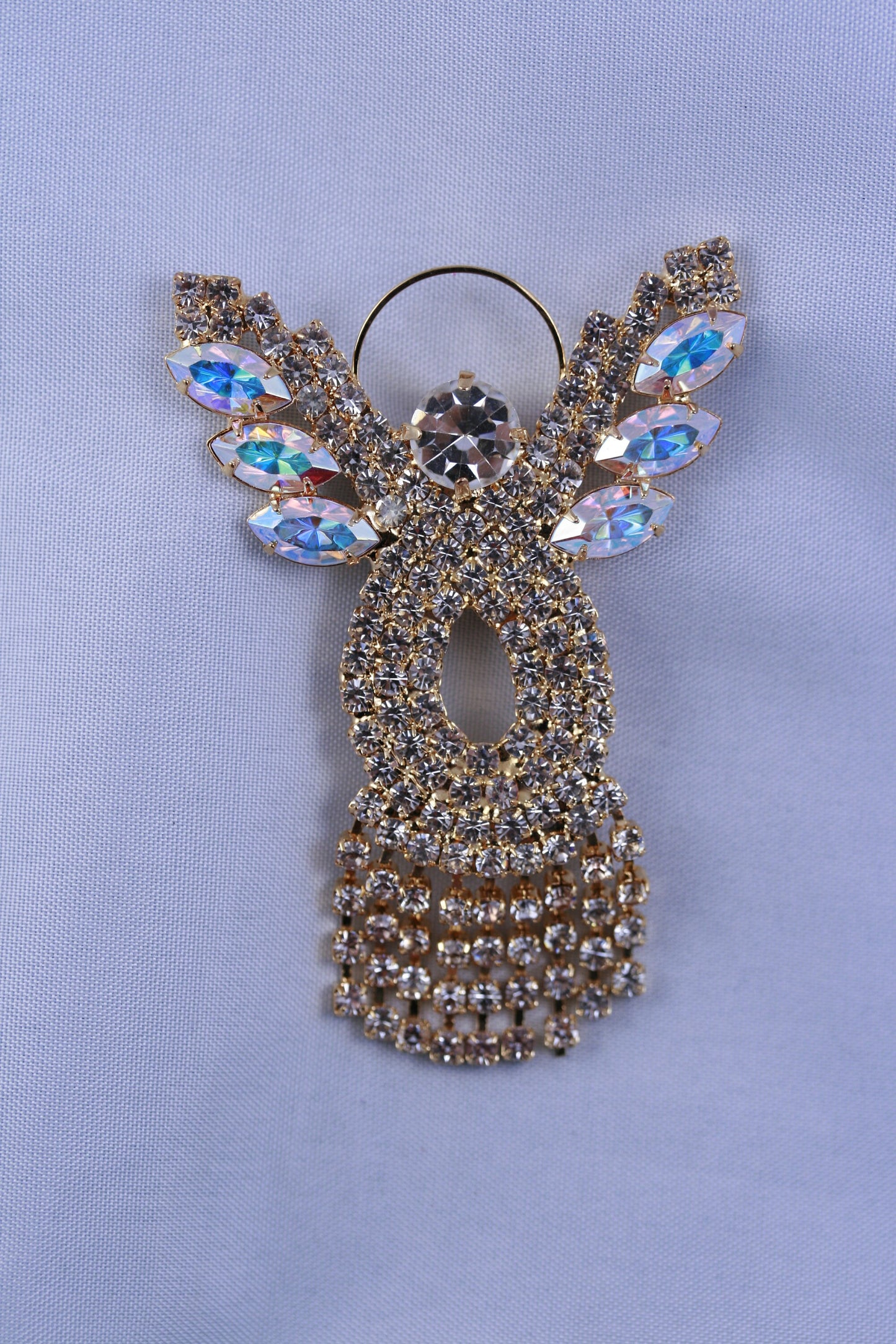 Handmade Vintage Rhinestone Angel Pin Brooch with Gold Halo Irridescent Wings & Dangling Rhinestone Dress