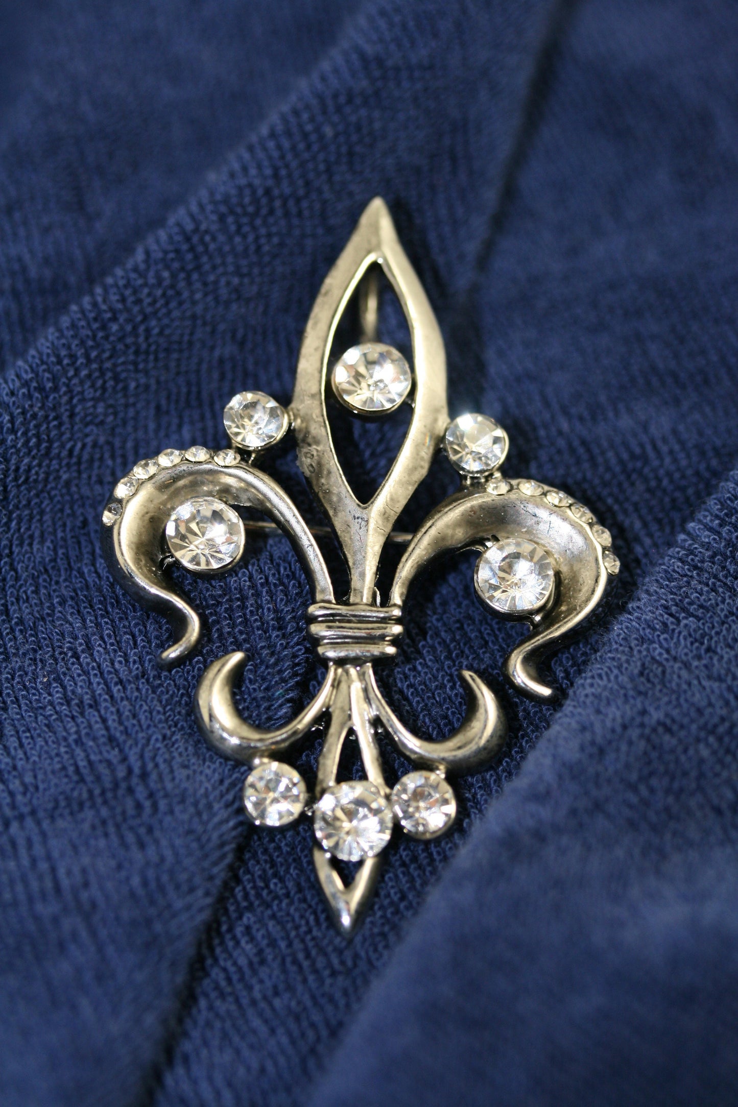 Rhinestone Antique Silver, Gold Tone Fleur de Lis Mardi Gras Pin and Pendant with Crystals