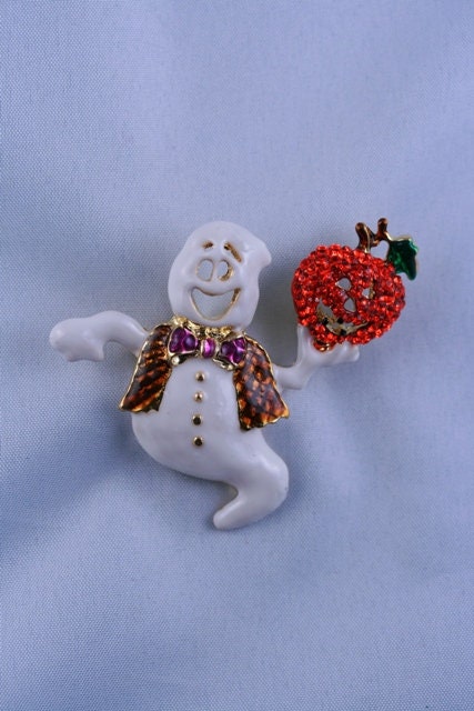 Ghost Pumpkin Pin Halloween Casper Austrian Rhinestone Crystal Brooch Pin