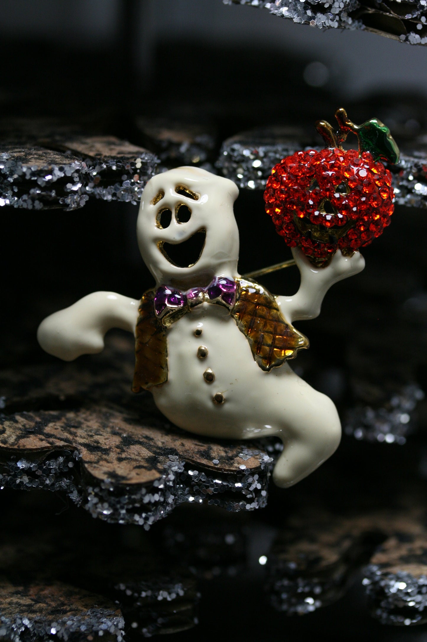 Ghost Pumpkin Pin Halloween Casper Austrian Rhinestone Crystal Brooch Pin