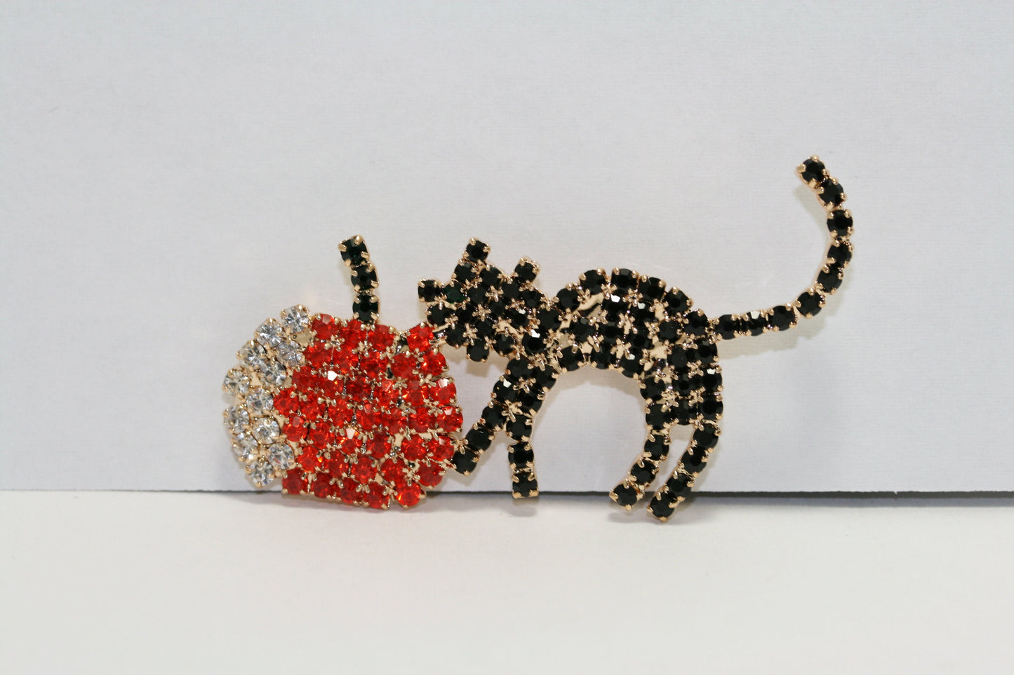 Austrian Rhinestone Black Cat and Pumpkin Halloween Brooch Pin, Black Cat Crystal Pin, Pumpkin Pin, Halloween Jewelry