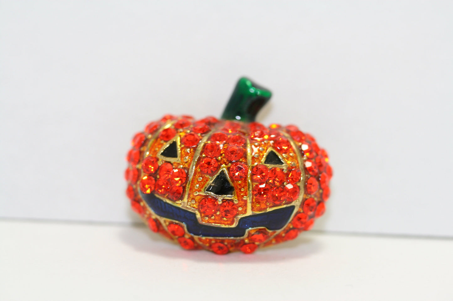 Orange Rhinestone Crystal Halloween Pumpkin With Black Enamel Smiley Face Pin Brooch