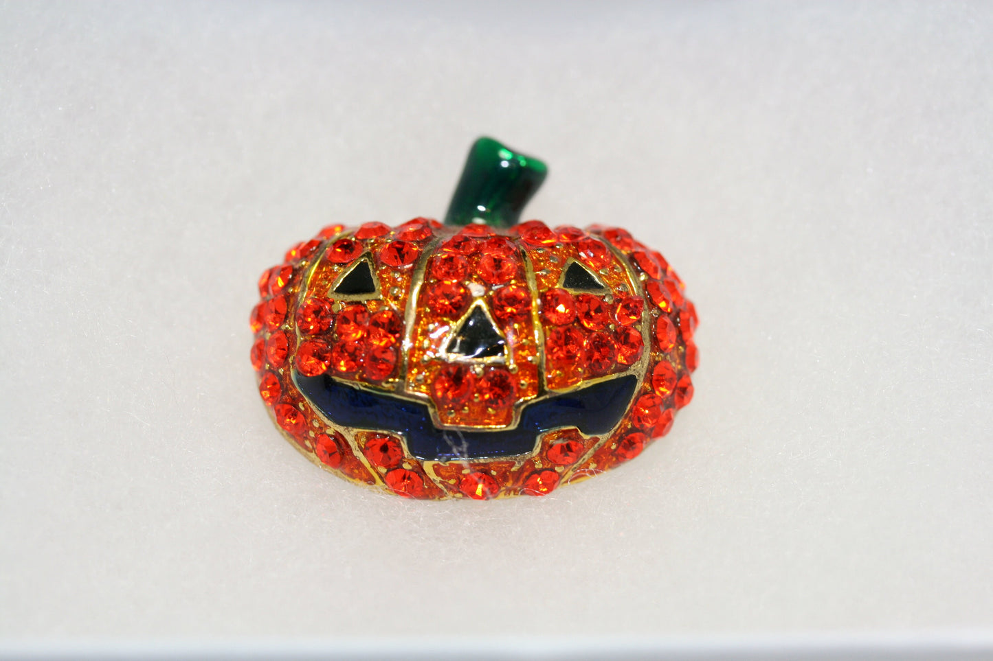 Orange Rhinestone Crystal Halloween Pumpkin With Black Enamel Smiley Face Pin Brooch