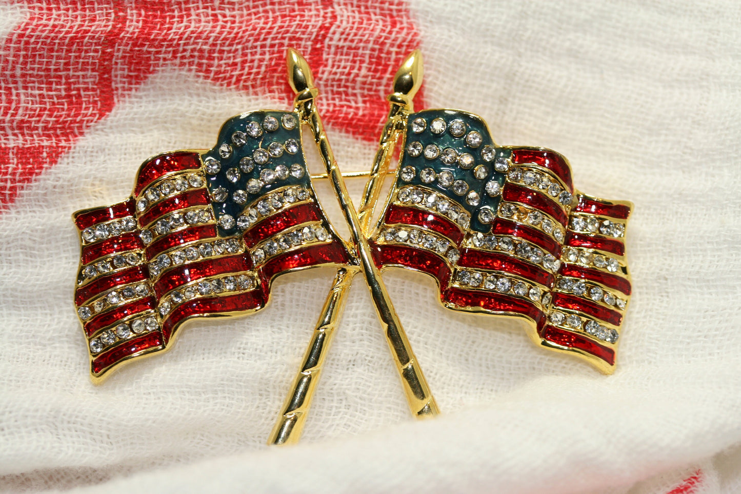Vintage Double AMERICAN FLAG Rhinestone Brooch Pin USA Patriotic