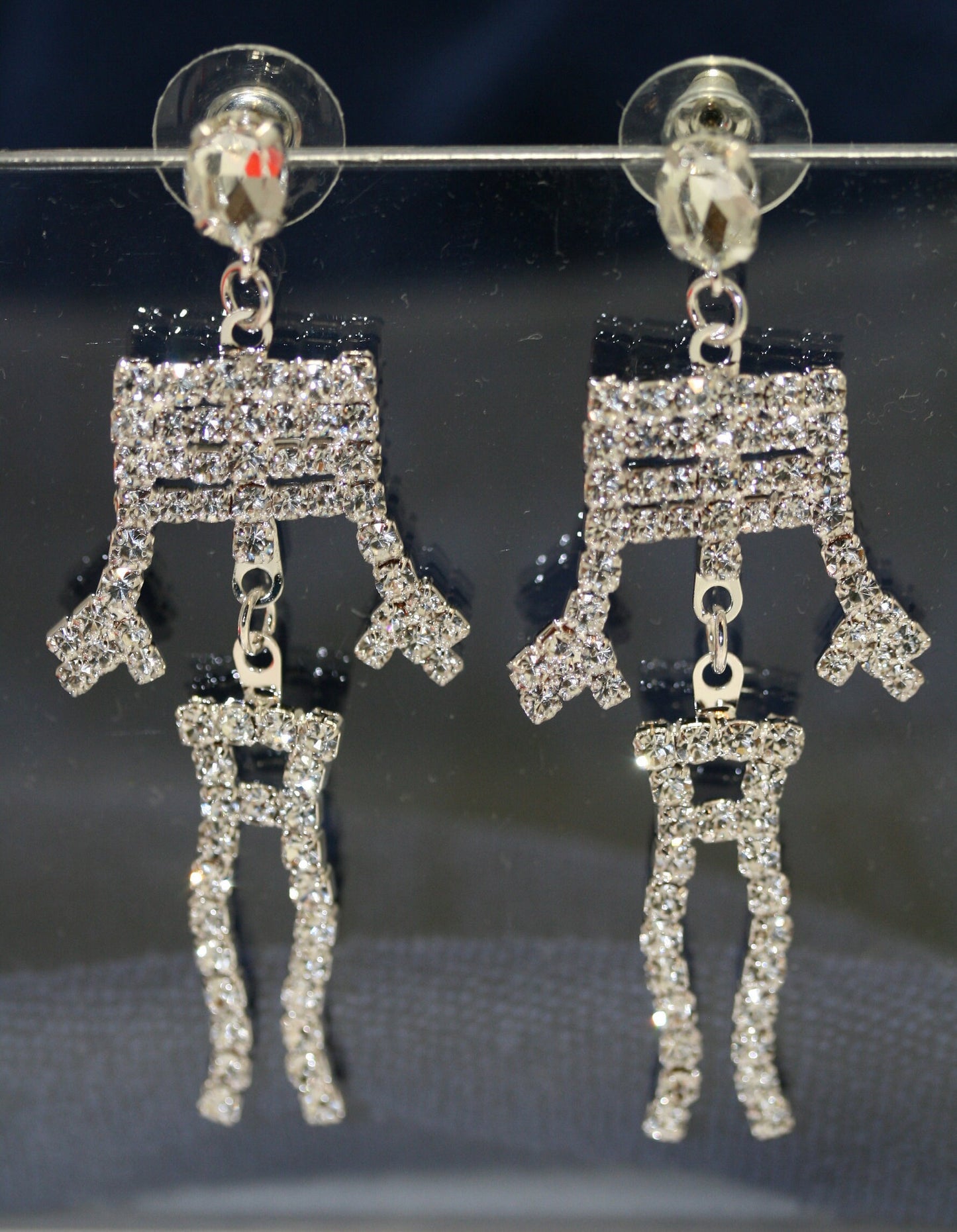 Rhinestone Bling-bling Halloween Skeleton Post Earrings, Crystal Silver Skeleton Earrings