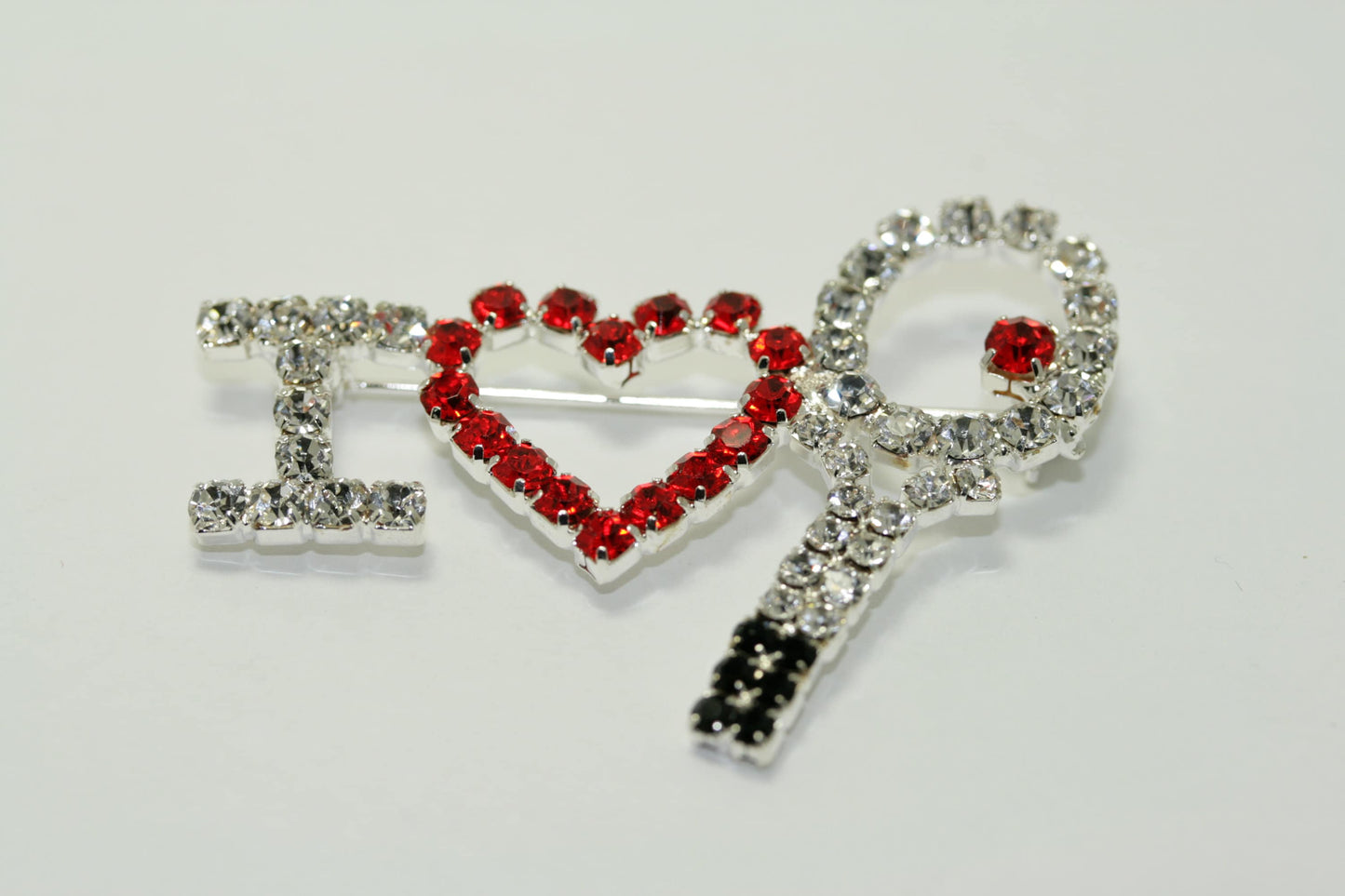 Silver Tone & Rhinestone I Love Tennis Racket Pin Brooch, Red Heart