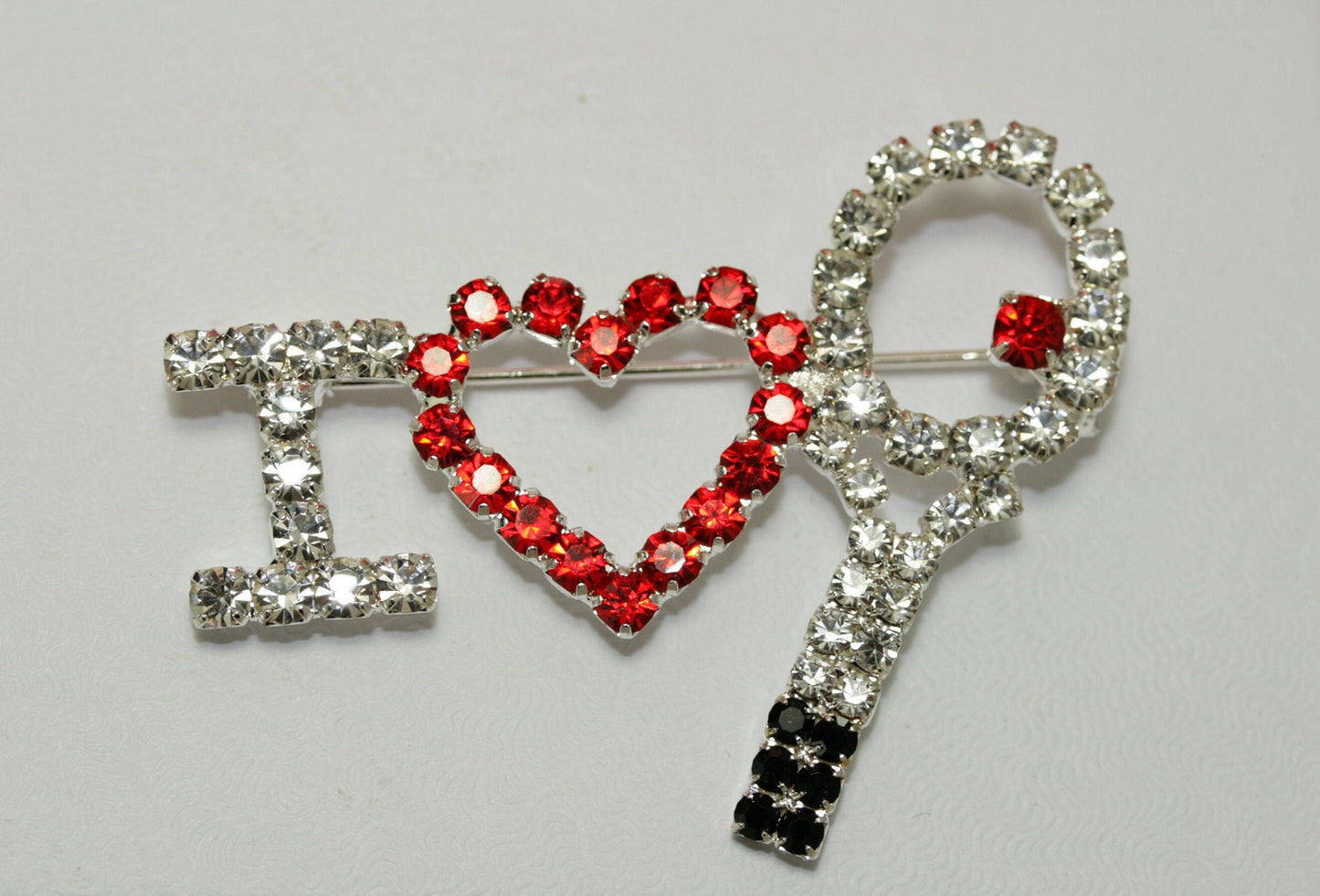 Silver Tone & Rhinestone I Love Tennis Racket Pin Brooch, Red Heart