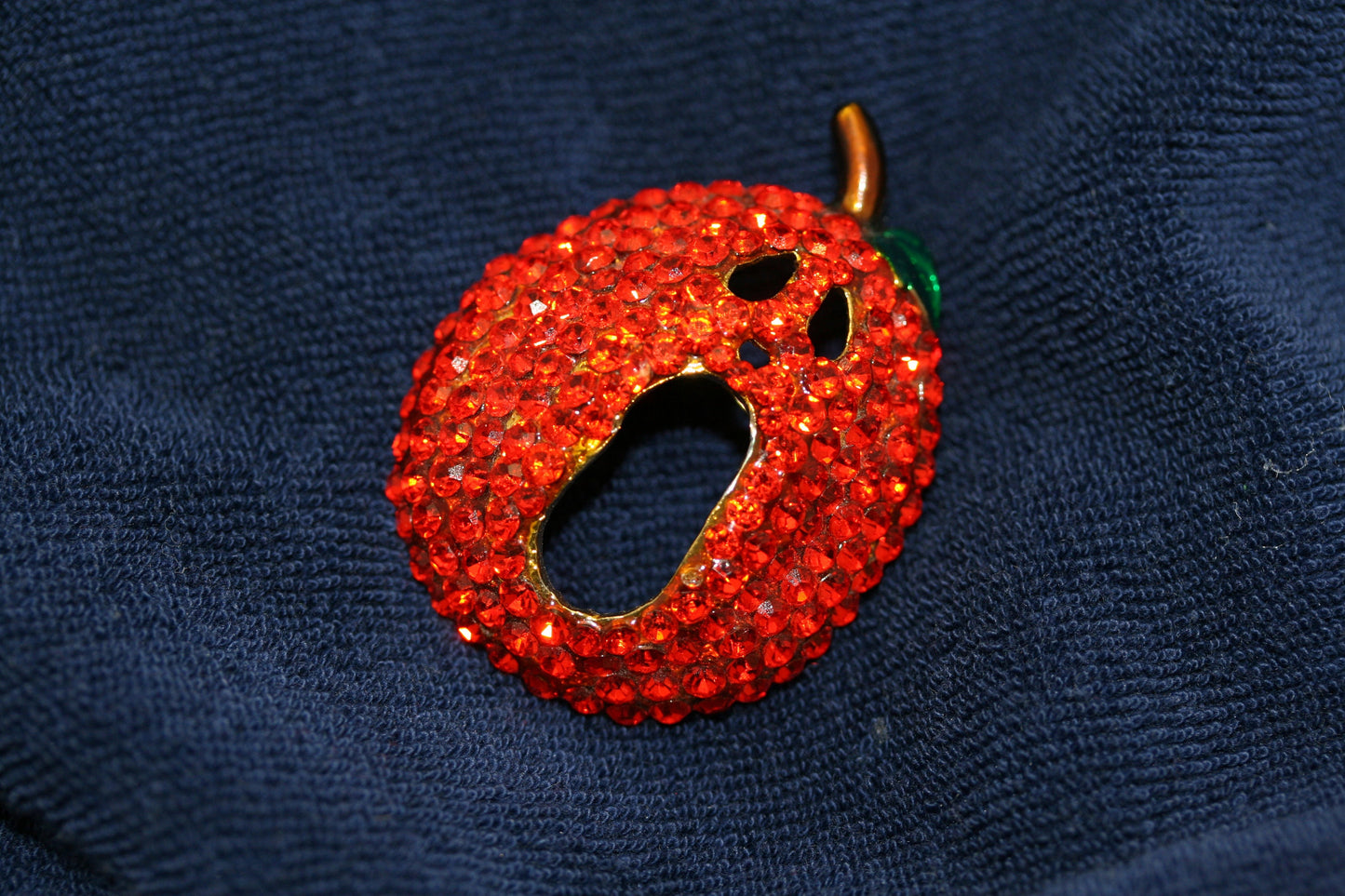 Vintage Crystal Rhinestone Halloween Orange Pumpkin Pin Brooch with Scary Face, Halloween Pumpkin Jewelry