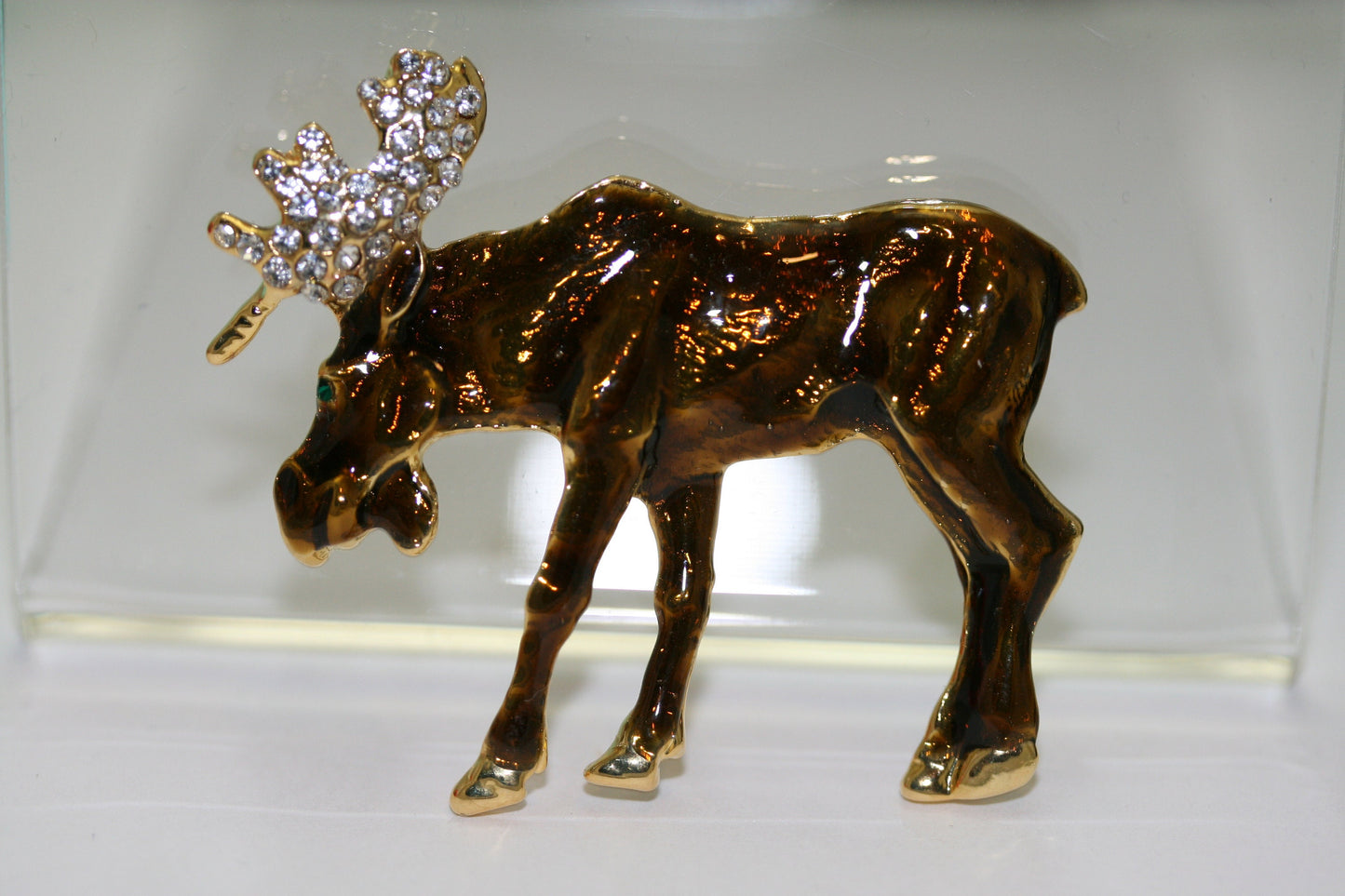 Vintage Moose Pin Crystal Accents on Antlers Brown Gold Tone Moose Brooch, Wild Animal Brooch Jewelry