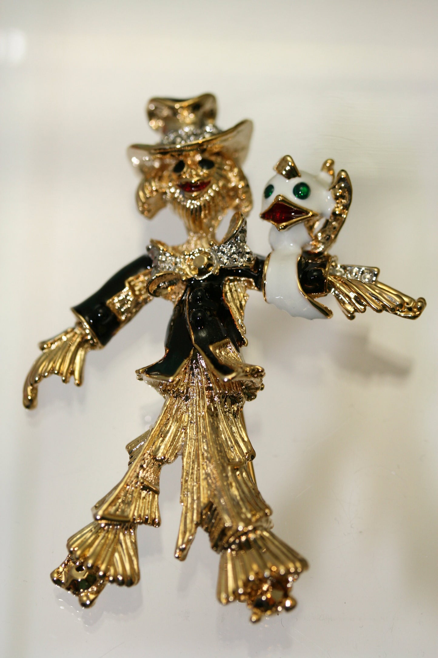 Vintage Scarecrow Pin Brooch Enamel Rhinestone Bird Halloween Jewelry