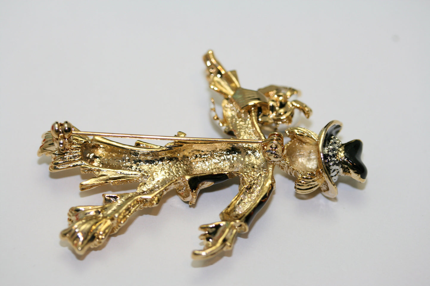 Vintage Scarecrow Pin Brooch Enamel Rhinestone Bird Halloween Jewelry
