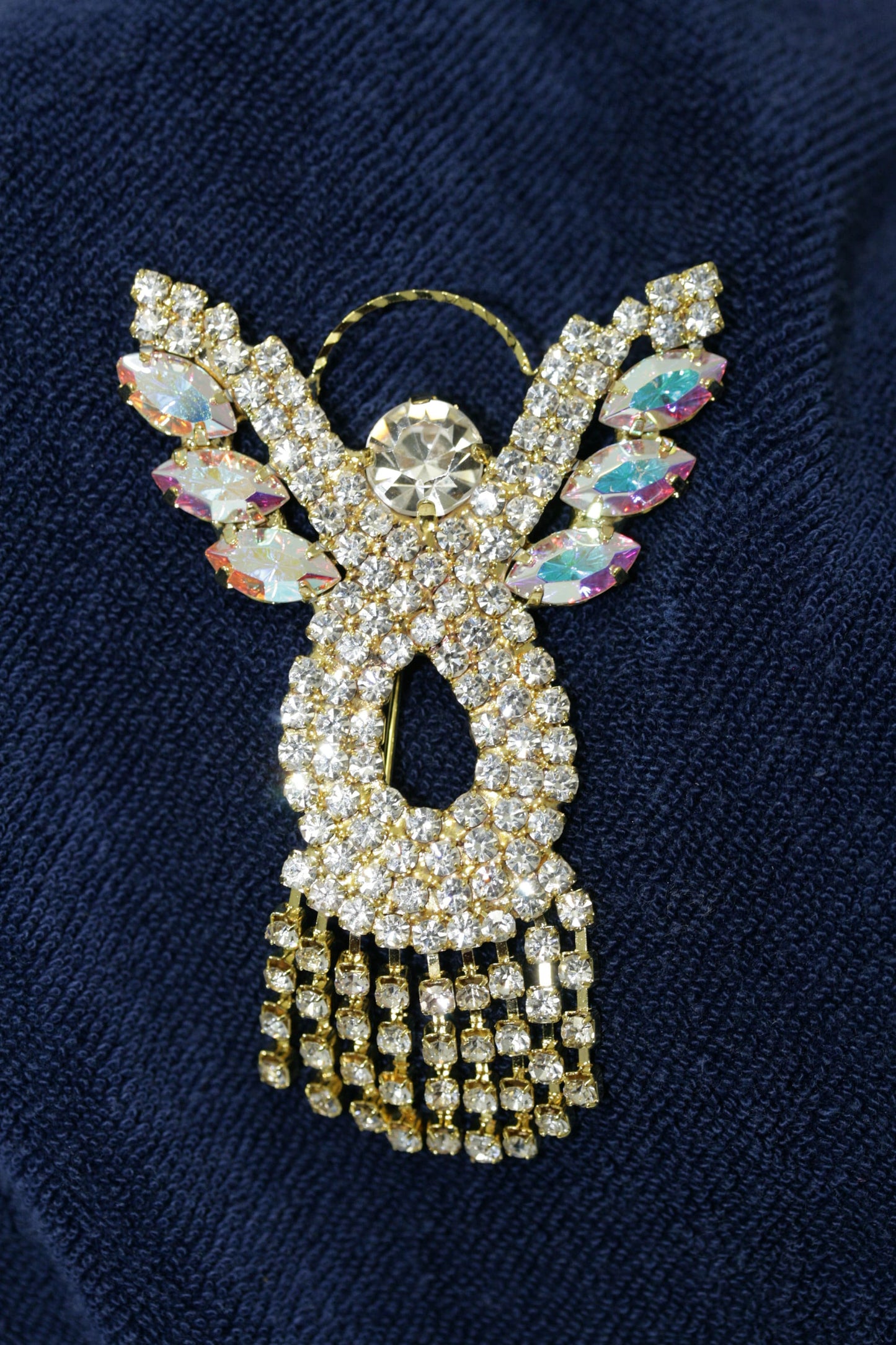 Handmade Vintage Rhinestone Angel Pin Brooch with Gold Halo Irridescent Wings & Dangling Rhinestone Dress