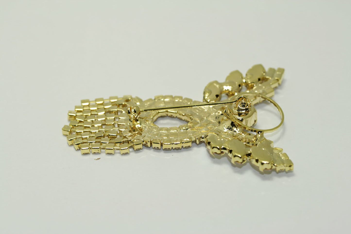 Handmade Vintage Rhinestone Angel Pin Brooch with Gold Halo Irridescent Wings & Dangling Rhinestone Dress