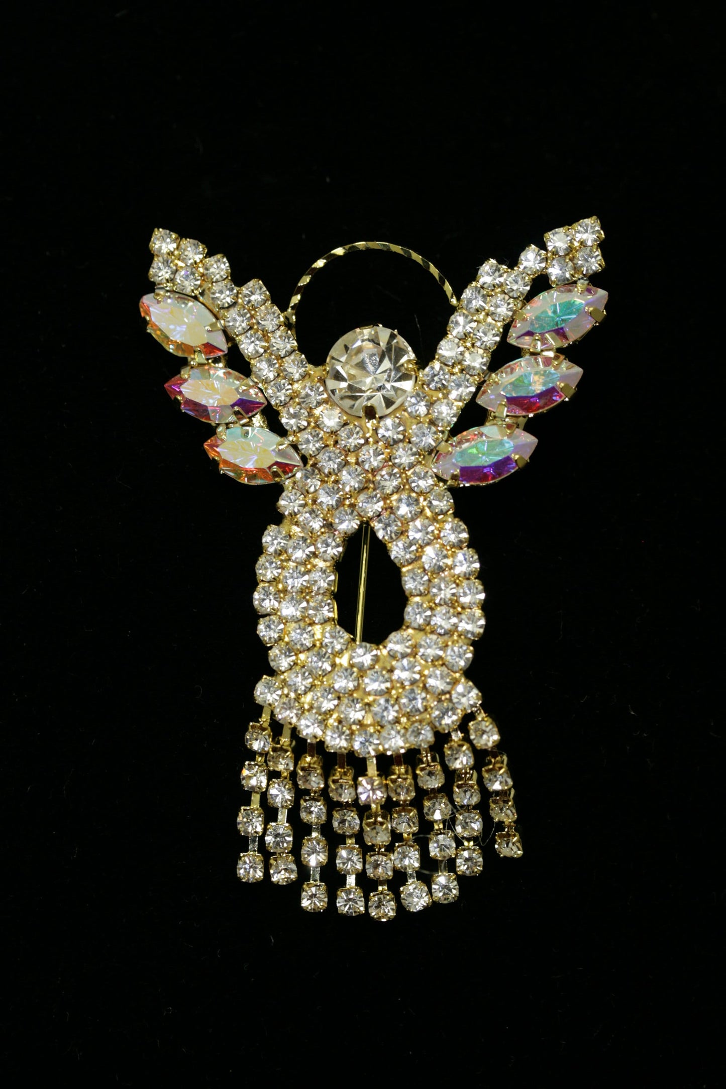 Handmade Vintage Rhinestone Angel Pin Brooch with Gold Halo Irridescent Wings & Dangling Rhinestone Dress